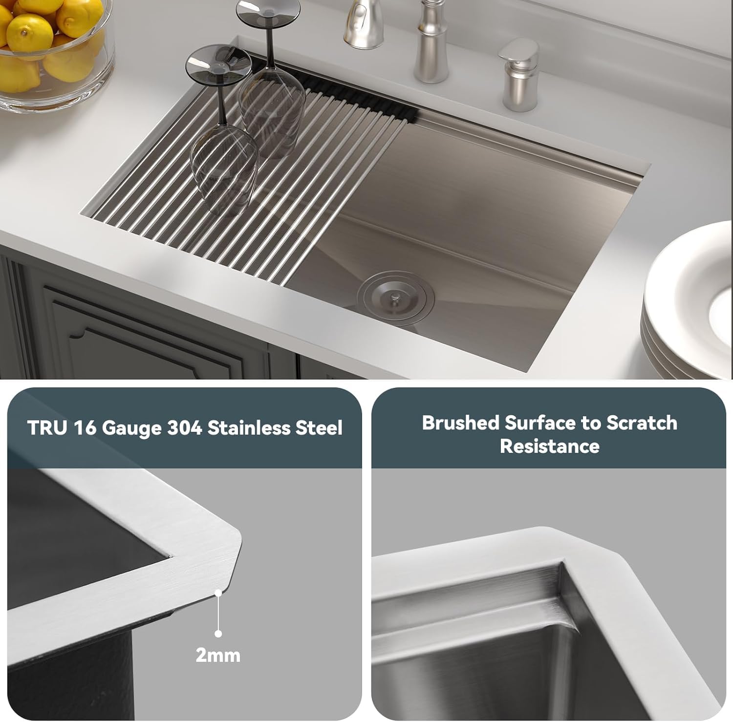 Lordear 28-Inch Undermount Kitchen Sink - 16 Gauge 304 Stainless Steel Single Bowl Workstation Sink with Drainboard - Heavy Duty Under Counter Sink for Modern Kitchens & Restaurant Prep Areas