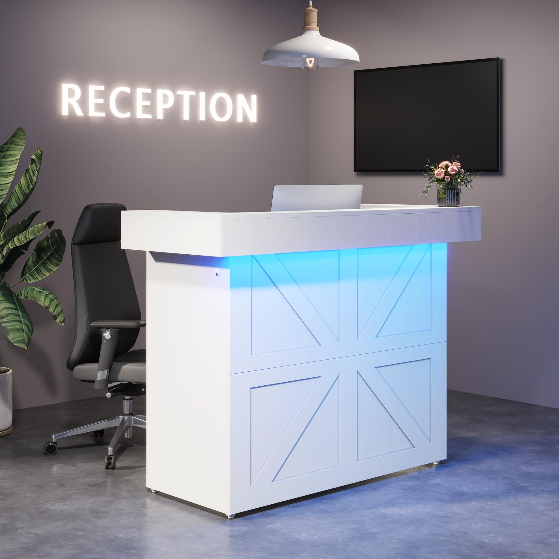 Tribesigns 55-Inch Modern Reception Desk with Built-In LED Light & Cable Grommets - White Office Lobby Counter Table for Salon, Retail Store, Hotel & Business Reception Area - Perfect for Professional Workspaces & Customer Service Areas