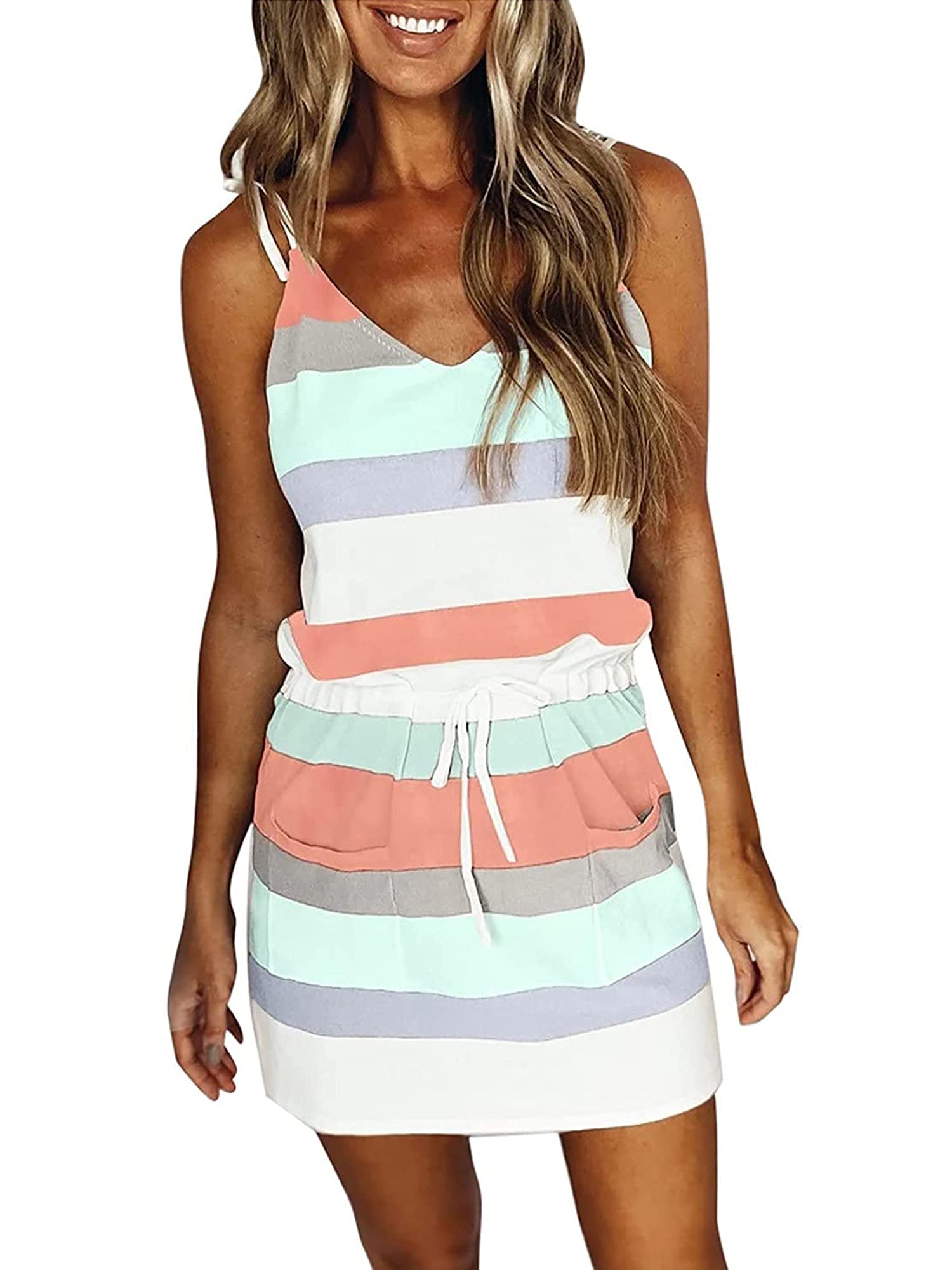 Women's Summer Striped Mini Dress - V Neck Spaghetti Strap Casual Swing Dress with Elastic Waist & Pockets | Perfect for Beach, Vacation and Daily Wear