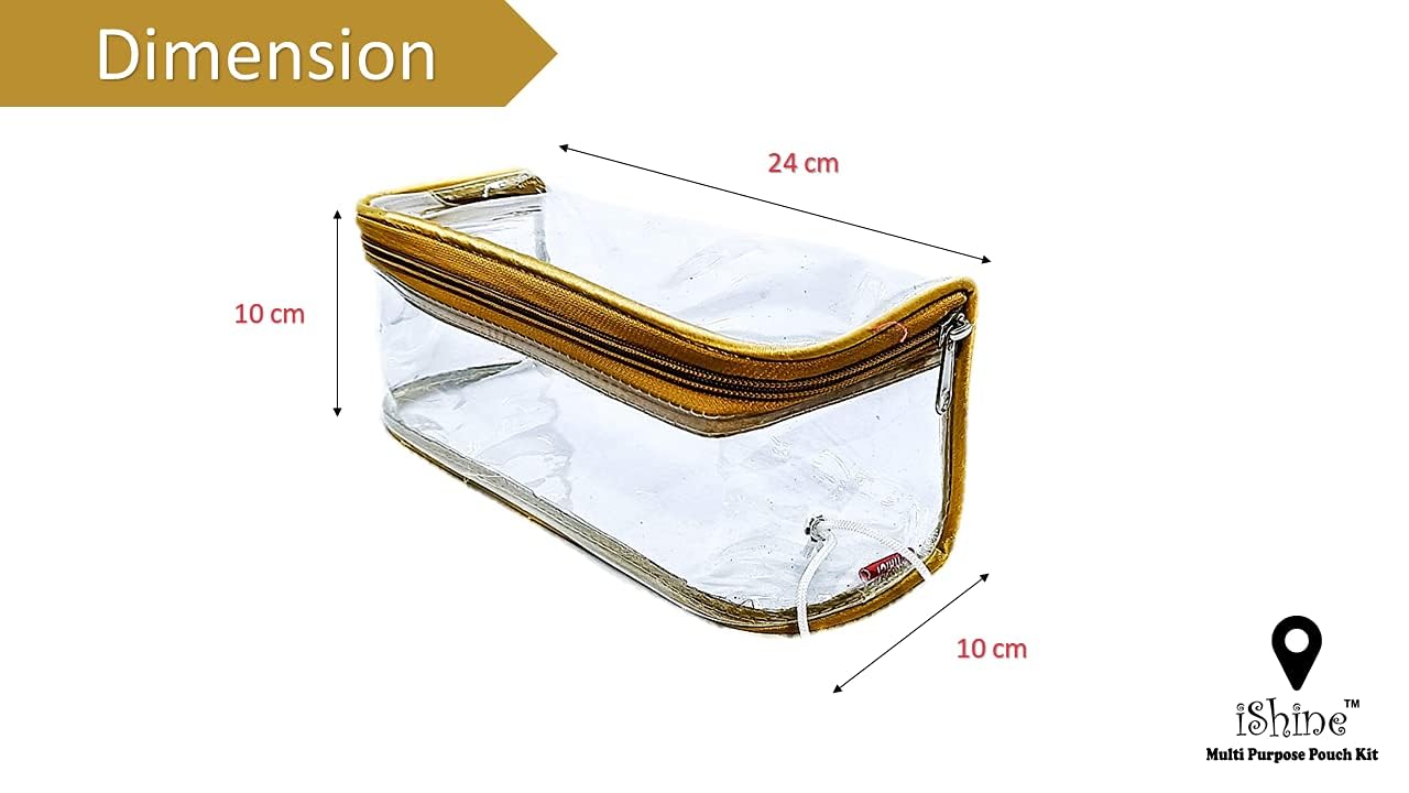 iShine Large Transparent & Gold Travel Zipper Pouch for Men & Women - Multipurpose Morning Organizer for Toiletries, Cosmetics & Travel Essentials (2-Pack) | Perfect for Airplane Carry-on, Gym Bag & Daily Use