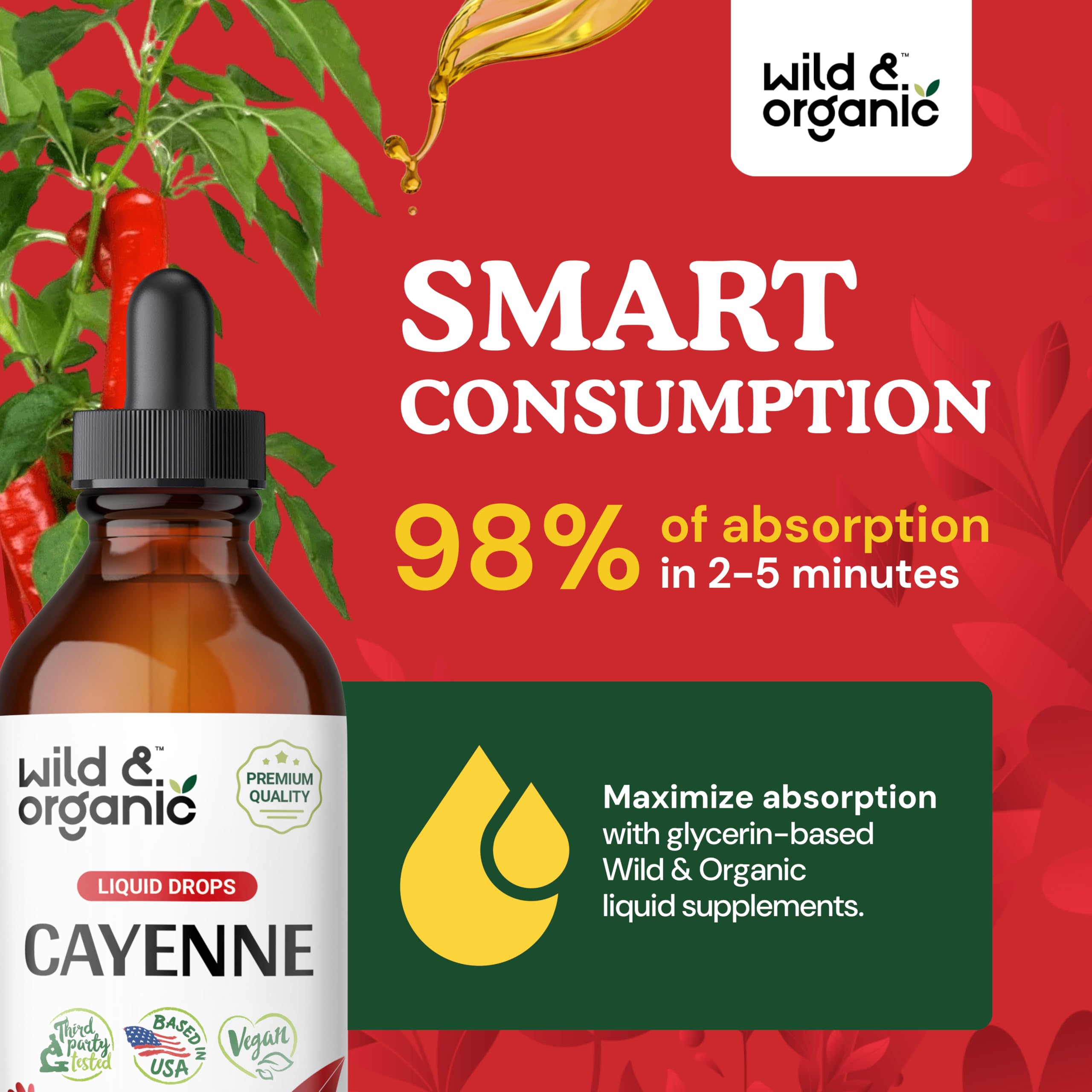 Wild & Organic Cayenne Pepper Tincture - Digestive Support with Capsaicin Extract - Vegan Liquid Drops for Immune & Circulation Boost - Sugar-Free, Alcohol-Free Supplement (4 fl oz) - Perfect for Cooking, Detox & Wellness Routines