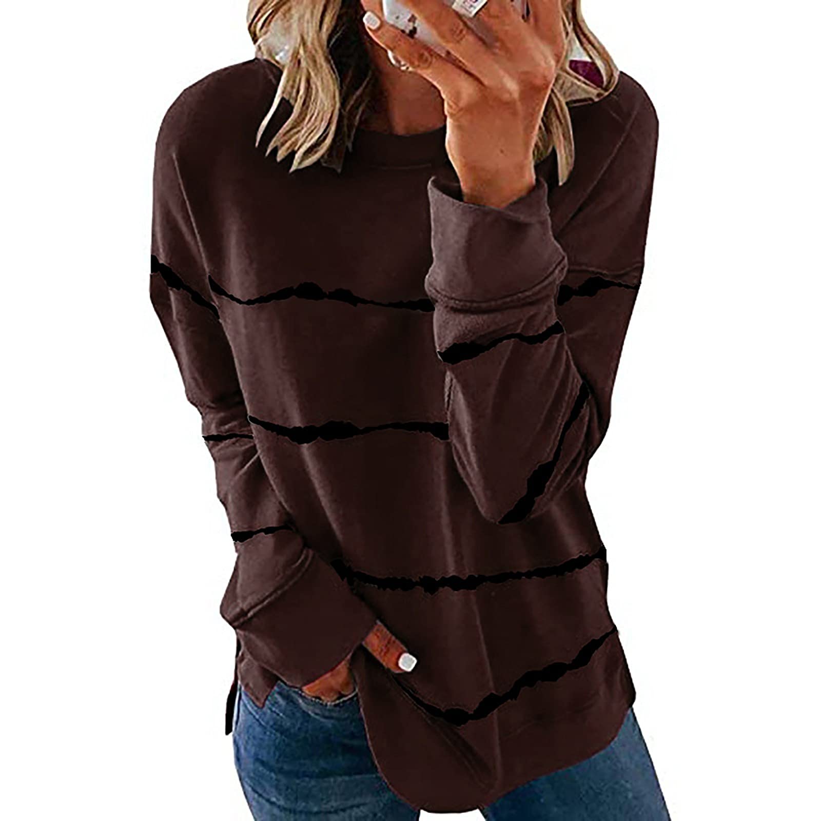 Boho Shirts for Women - Stylish Long Sleeve Striped Tunic Blouse with Contrast Colors | Spring Fashion O-Neck Top | Perfect for Casual Wear, Office Outfits & Weekend Brunch