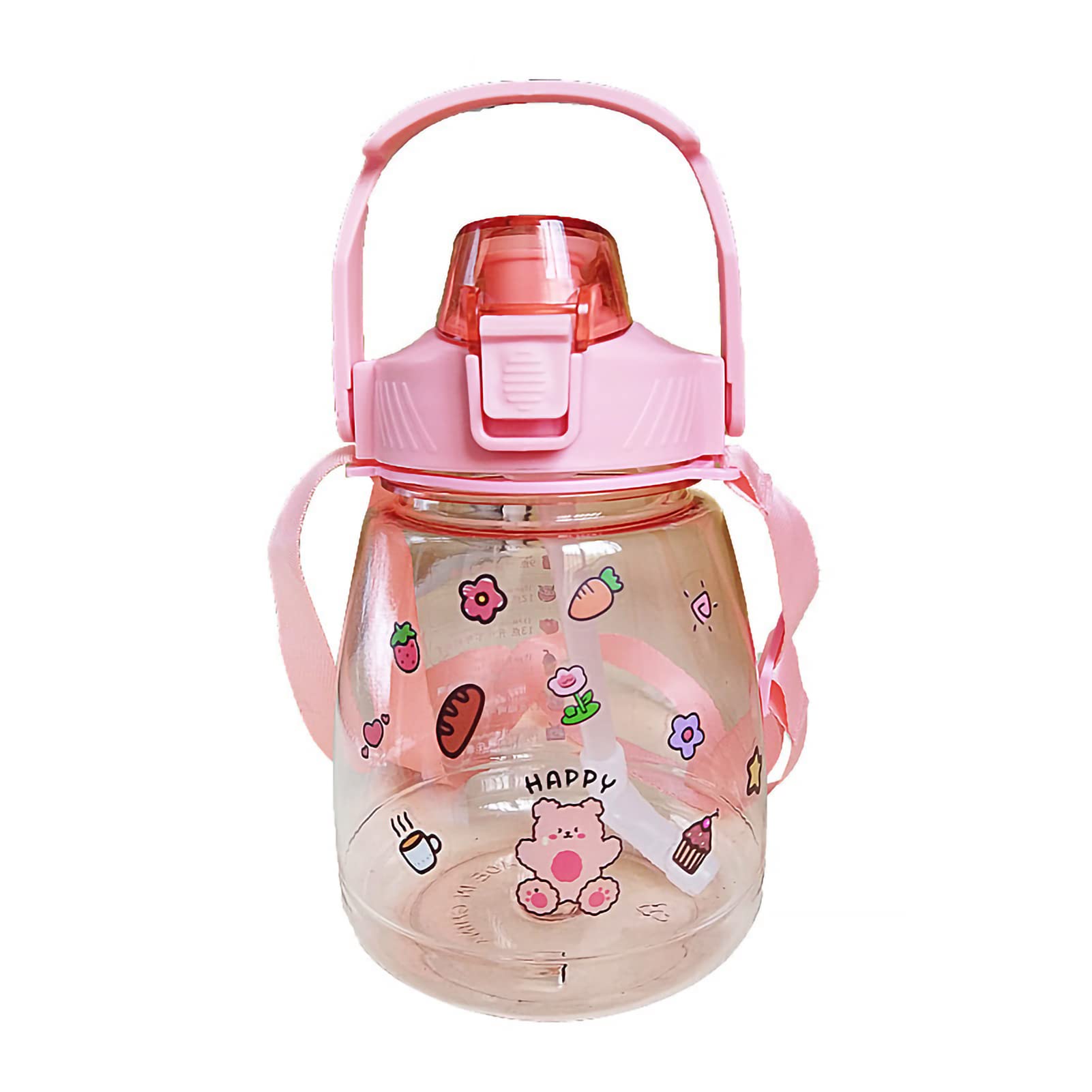 1.3L Leakproof Kids Water Bottle with Straw & Strap - BPA-Free Clear Plastic Sports Water Jug for Boys & Girls - Perfect for School, Travel, Picnics & Outdoor Activities (Pink)