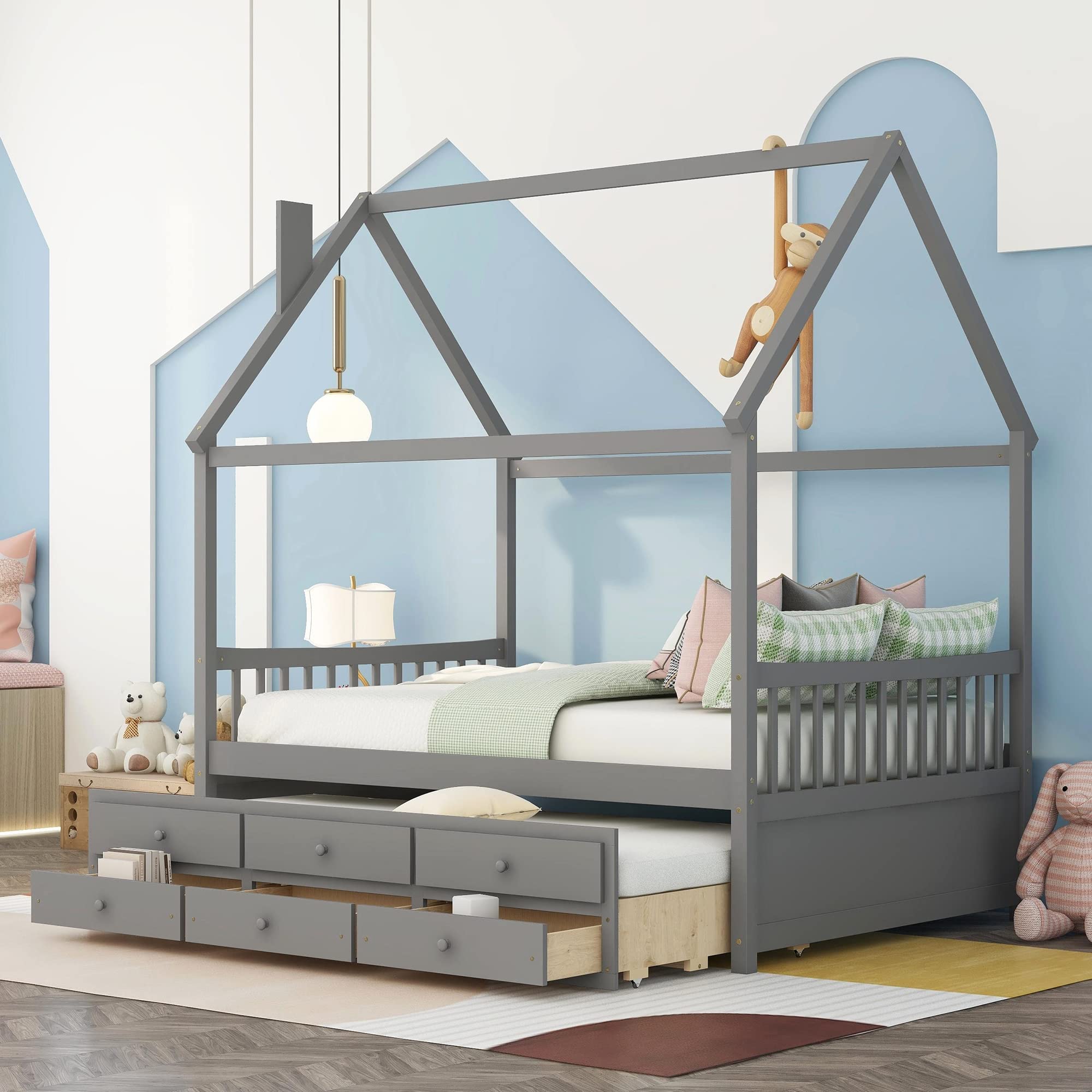P PURLOVE Wooden House Bed Frame with Trundle and Storage Drawers - Twin/Full Size Kids Bed with Fence Guardrail & Roof - Perfect for Boys, Girls & Teens Bedrooms, Playrooms & Sleepovers