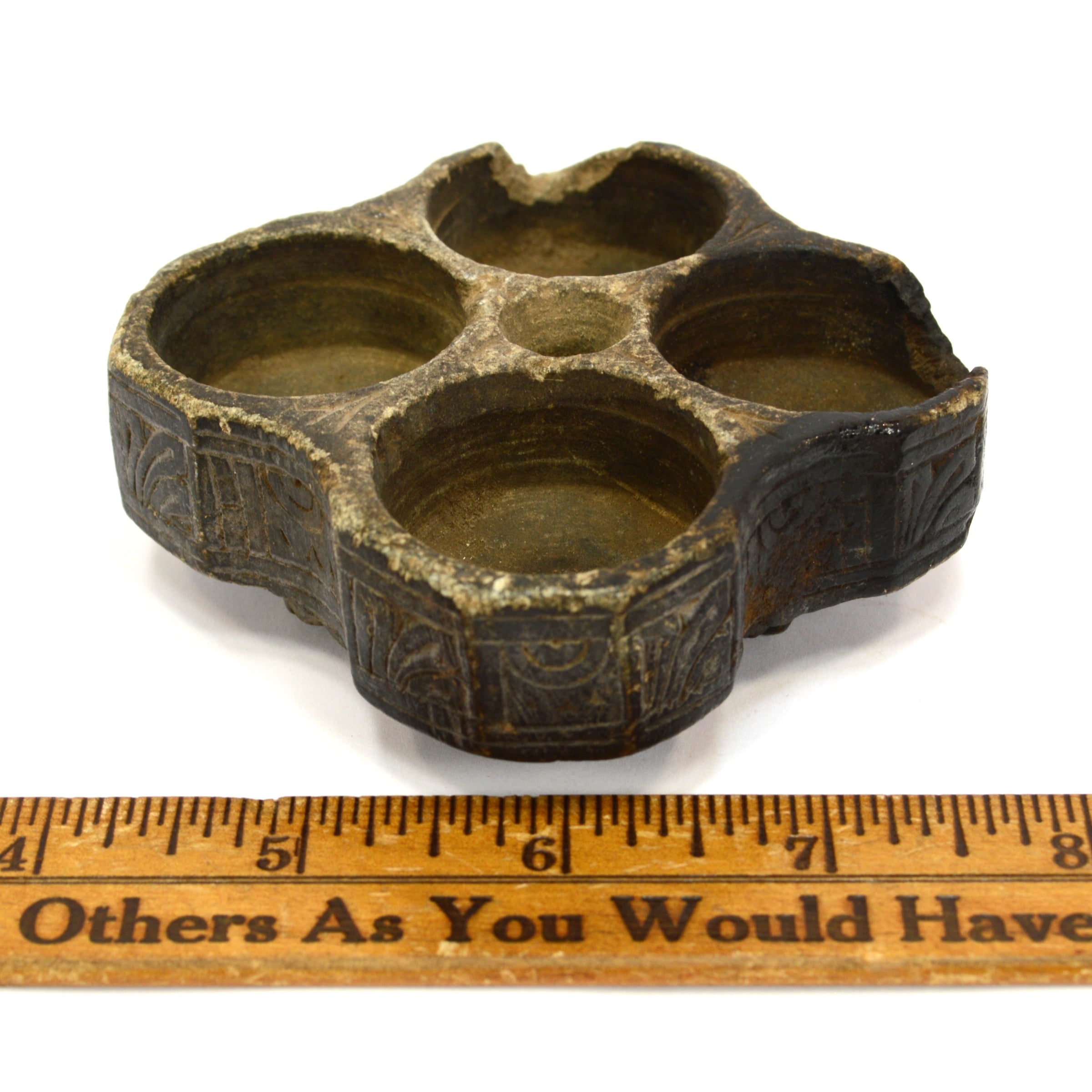 Ancient BACTRIAN STONE VESSEL - Handcrafted Steatite/Chlorite 4-Chamber Bowl with Intricate Incised Designs - Perfect for Home Decor, Museum Display & Ancient Art Collection