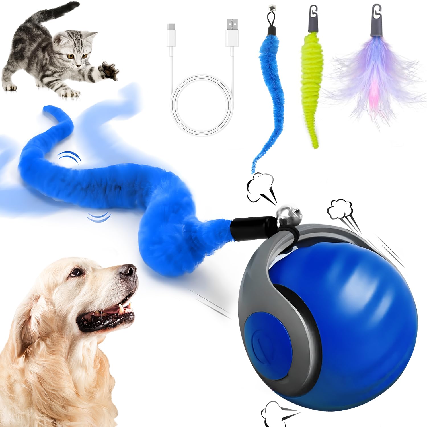 Interactive Cat Ball Toy 2.0 - Smart Automatic Cat Toy with 3 Tails, 2 Speed Modes & Obstacle Avoidance - Perfect for Indoor Cats (Small/Medium/Large) - Keep Your Cat Entertained for Hours - Great for Playtime, Exercise & Mental Stimulation