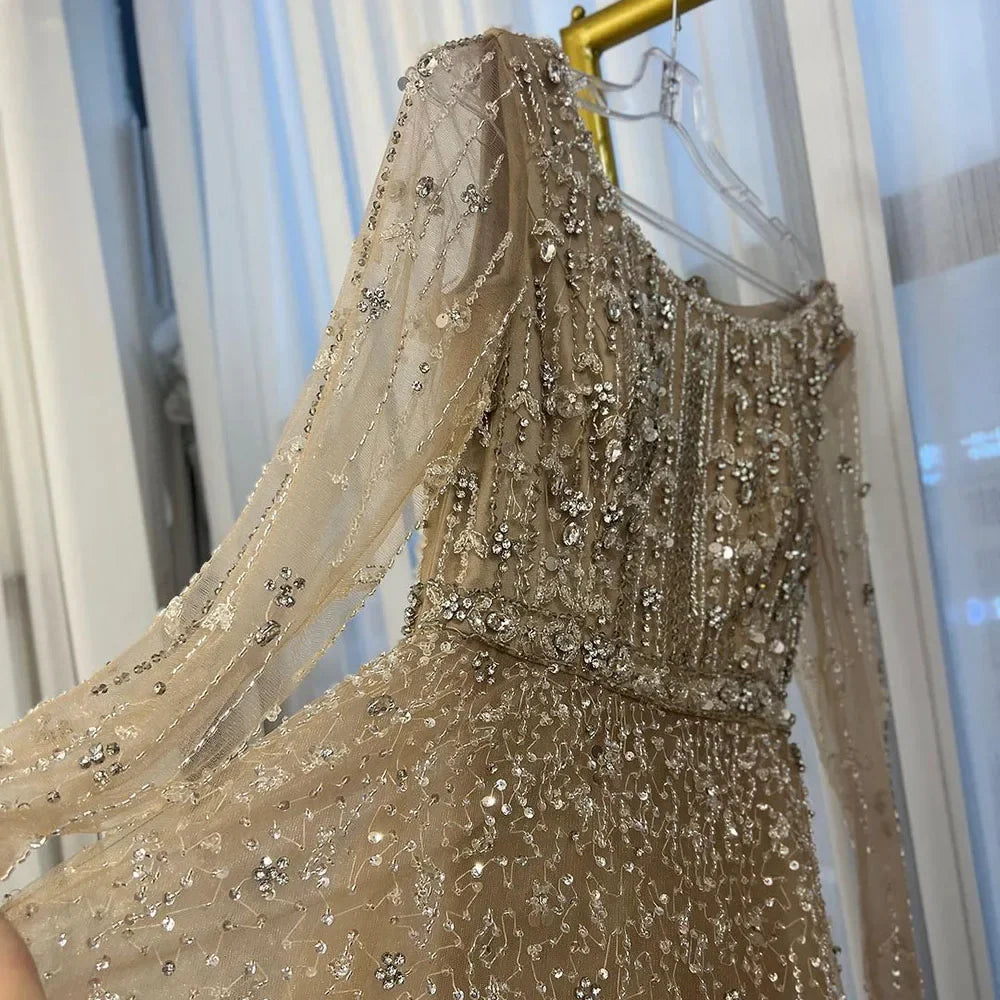 Luxury Dubai Arabic Designer Beaded A-Line Evening Gown for Women - Elegant Nude Wedding & Party Dress LA72088 | Perfect for Formal Events, Galas & Special Occasions
