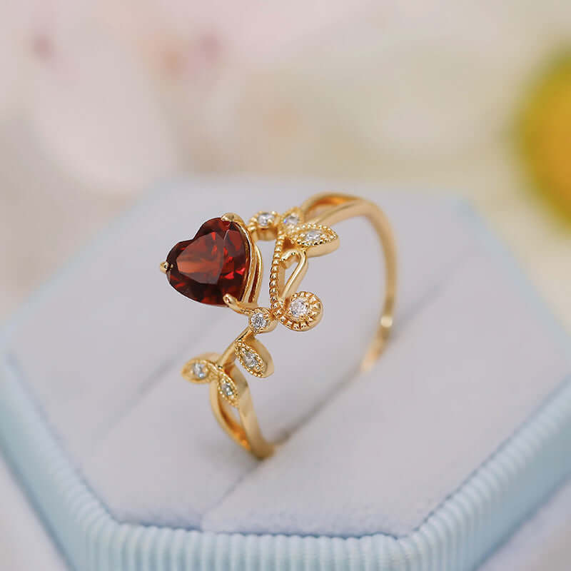 Red Garnet Heart Shaped Olive Branch Spiral Ring - Dainty Bohemian Jewelry for Women | Perfect for Valentine's Day, Anniversary Gifts & Boho Fashion Accessories