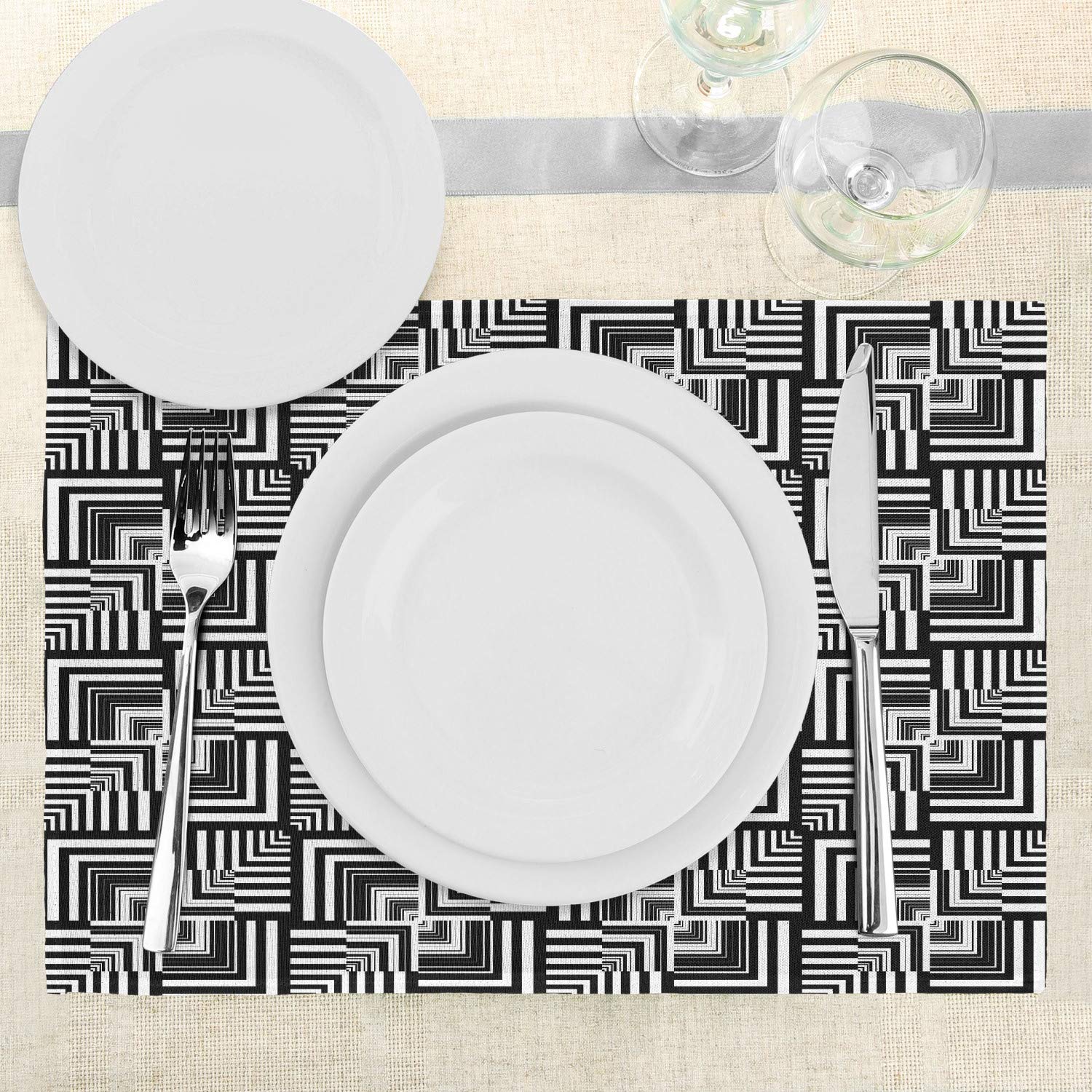 Ambesonne Black and White Placemats Set of 4 - Geometric Op Art Checkered Optical Illusion Design - Modern Washable Fabric Table Mats for Dining Room & Kitchen Decor - Perfect for Dinner Parties, Holiday Meals & Stylish Home Decor
