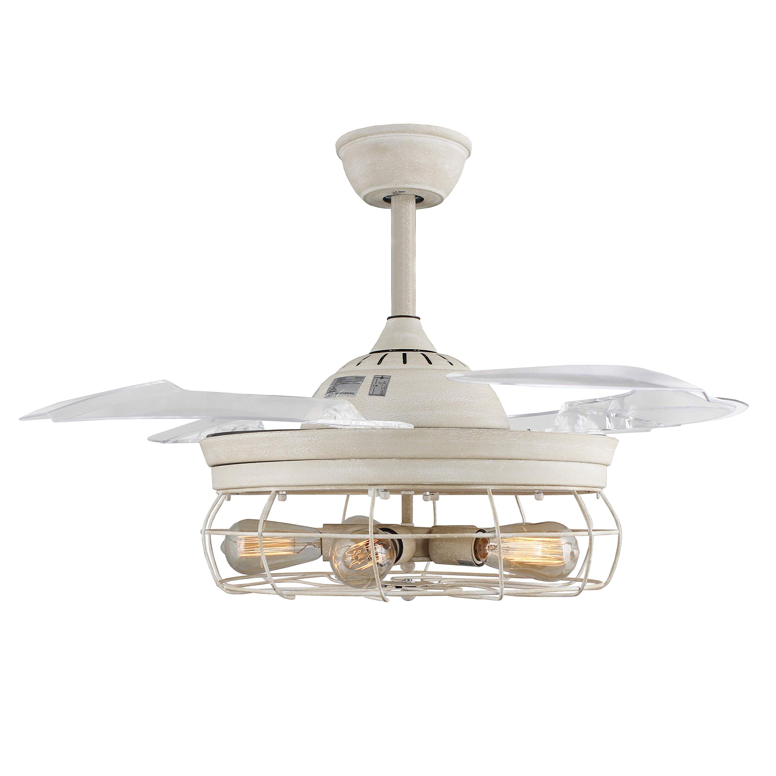 42'' Retractable Ceiling Fan with Remote Control - Farmhouse Industrial Style, Invisible Blades, Includes 5 Edison Bulbs (Antique White) - Perfect for Living Room, Bedroom, and Outdoor Patio Cooling