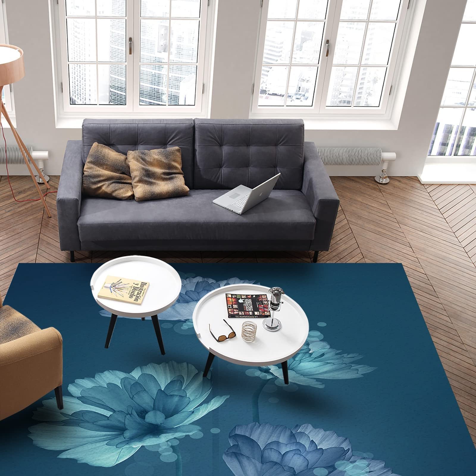Blue Fantasy Lotus Area Rug - Non-Slip Easy Clean 5x7ft Floral Carpet for Living Room, Bedroom, Dining Room & Office | Soft Fog Blue Flower Design Home Decor with Durable Backing | Perfect for Boho, Modern & Farmhouse Style Interiors