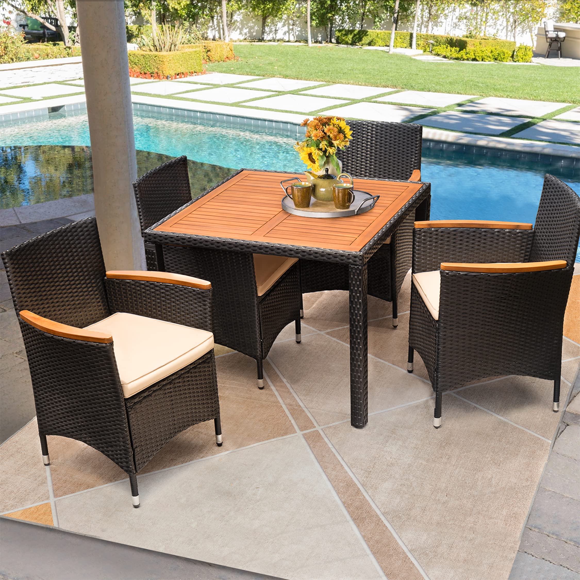Flamaker 5-Piece Outdoor Dining Set - Acacia Wood Patio Table & Chairs with Soft Cushions, Weather-Resistant Wicker Furniture for Deck, Backyard, Garden - Perfect for Outdoor Entertaining & Relaxation