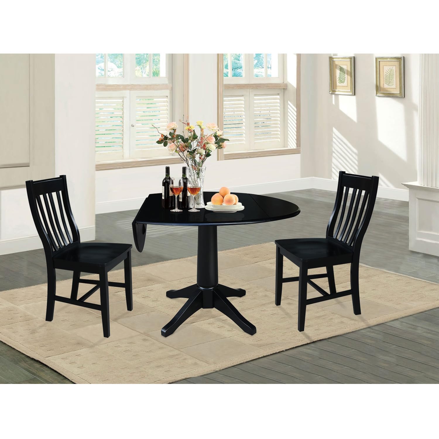 IC International Concepts 42-Inch Round Pedestal Dining Table Set with 2 Chairs, Solid Wood Construction, Space-Saving Design for Small Kitchens & Apartments - Black - Perfect for Breakfast Nooks, Cozy Dining & Entertaining Guests