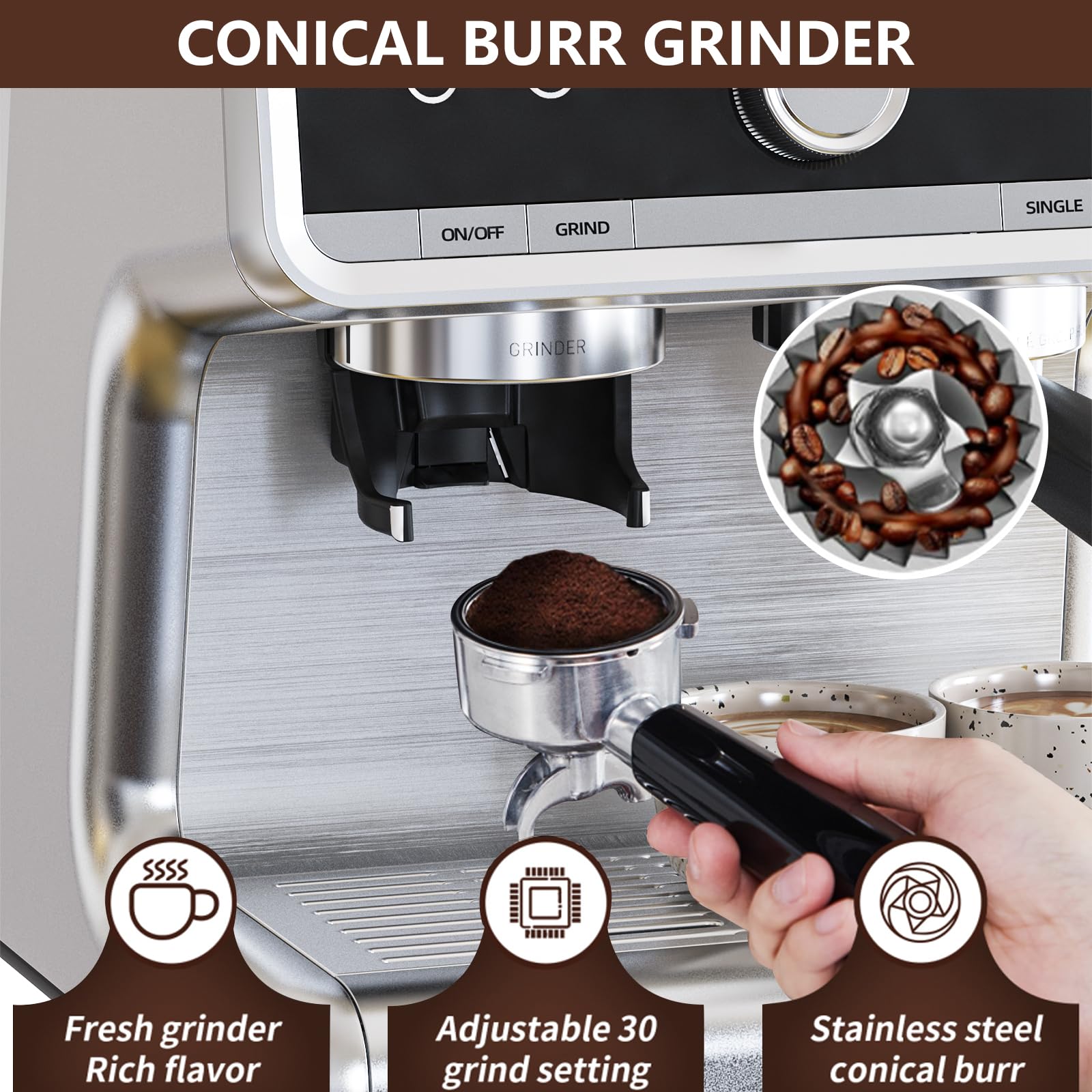 Premium 20 Bar Espresso Machine with Milk Frother & Built-in Coffee Grinder - Professional Home Coffee Maker for Espresso, Cappuccino, Latte - Single & Double Cup Options - 2.8L Removable Water Tank - Perfect for Home Baristas & Coffee Lovers (Ideal for Breakfast, Office Use & Entertaining Guests)