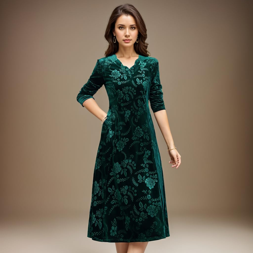 Akivide Women's 2024 Fall Velvet Long Sleeve Midi Dress - Elegant Evening Party Gown, Flowy Slim Fit Formal Dress for Women | Perfect for Cocktail Parties, Weddings & Holiday Events