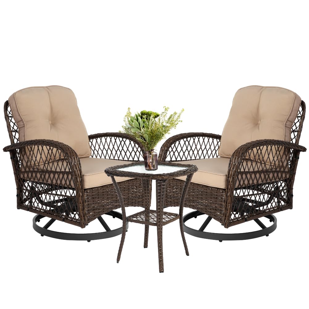 3-Piece Patio Bistro Set with Wicker Swivel Rocker Chairs - 2x 360° Rotating Chairs with Thick Cushions + 1 Tempered Glass Side Table - Outdoor Furniture for Garden, Balcony, Deck or Poolside (Brown/Khaki)