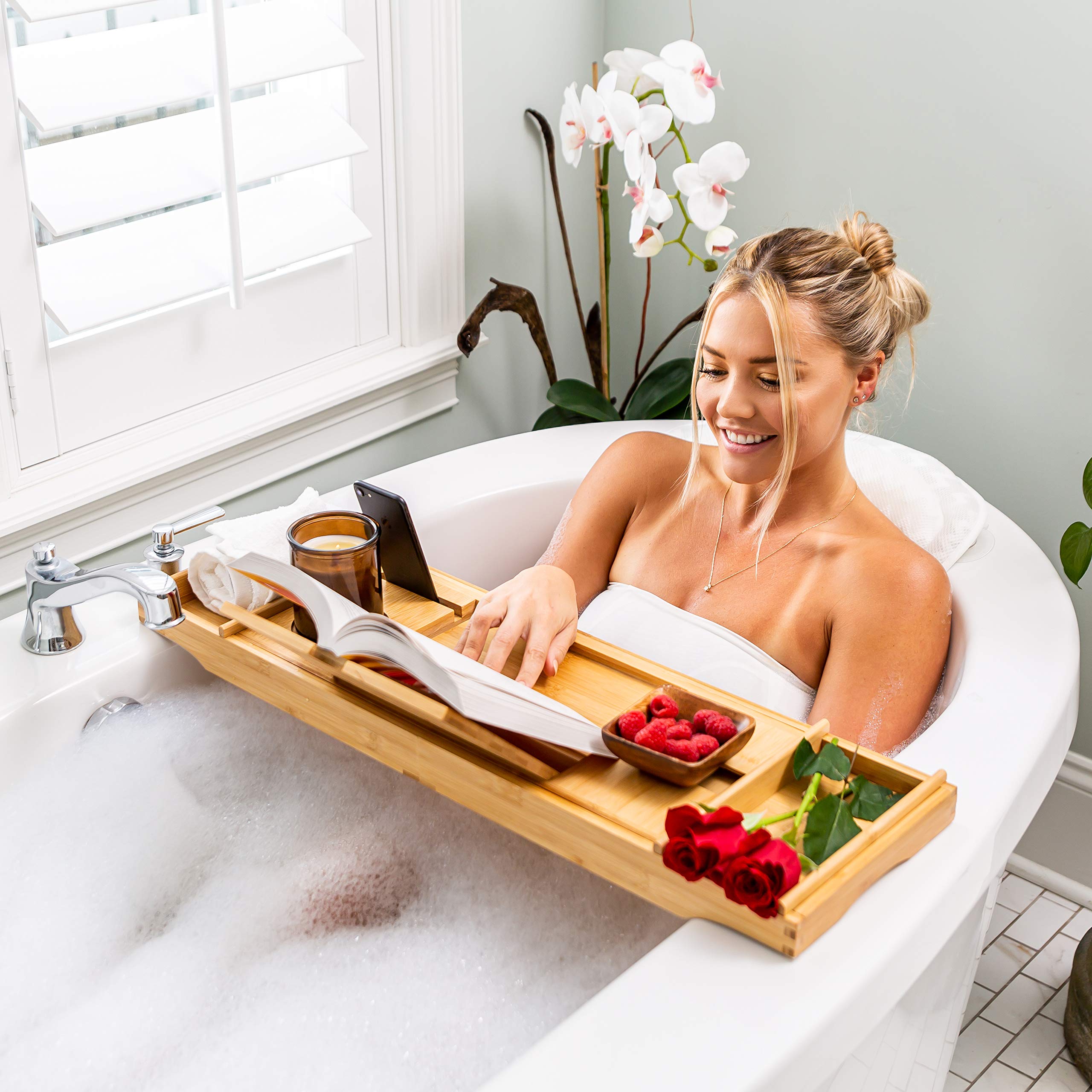 **SMIRLY Expandable Bamboo Bathtub Tray - Adjustable Wooden Bath Caddy for Soaking, Reading & Relaxing - Perfect Bath Accessory for Spa, Aromatherapy & Wine Nights**