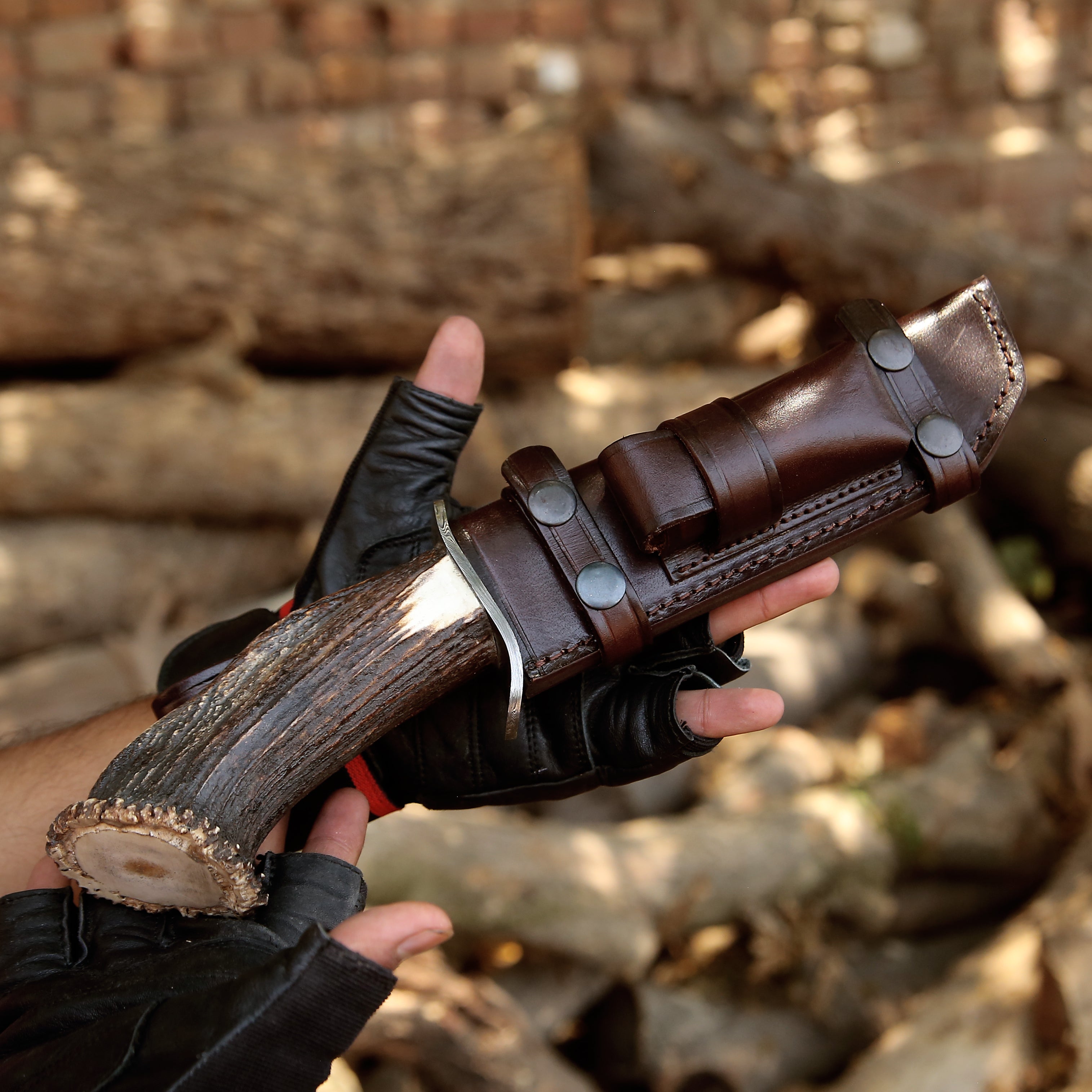 Premium Wildfire Damascus Steel Bowie Knife with Stag Horn Handle - Hunting, Camping & Outdoor Survival Tool