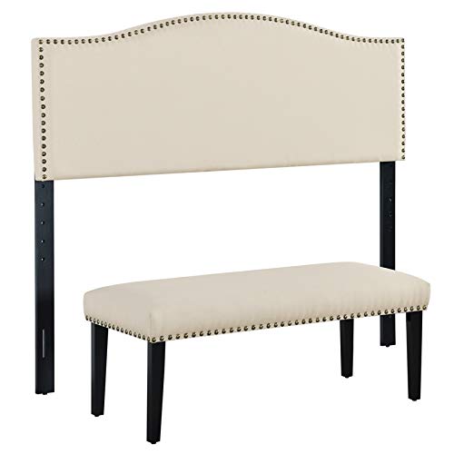 Linen Fabric Nailhead Trim Headboard and Bench Set - Elegant Bedroom Furniture for Master Suite or Guest Room Decor