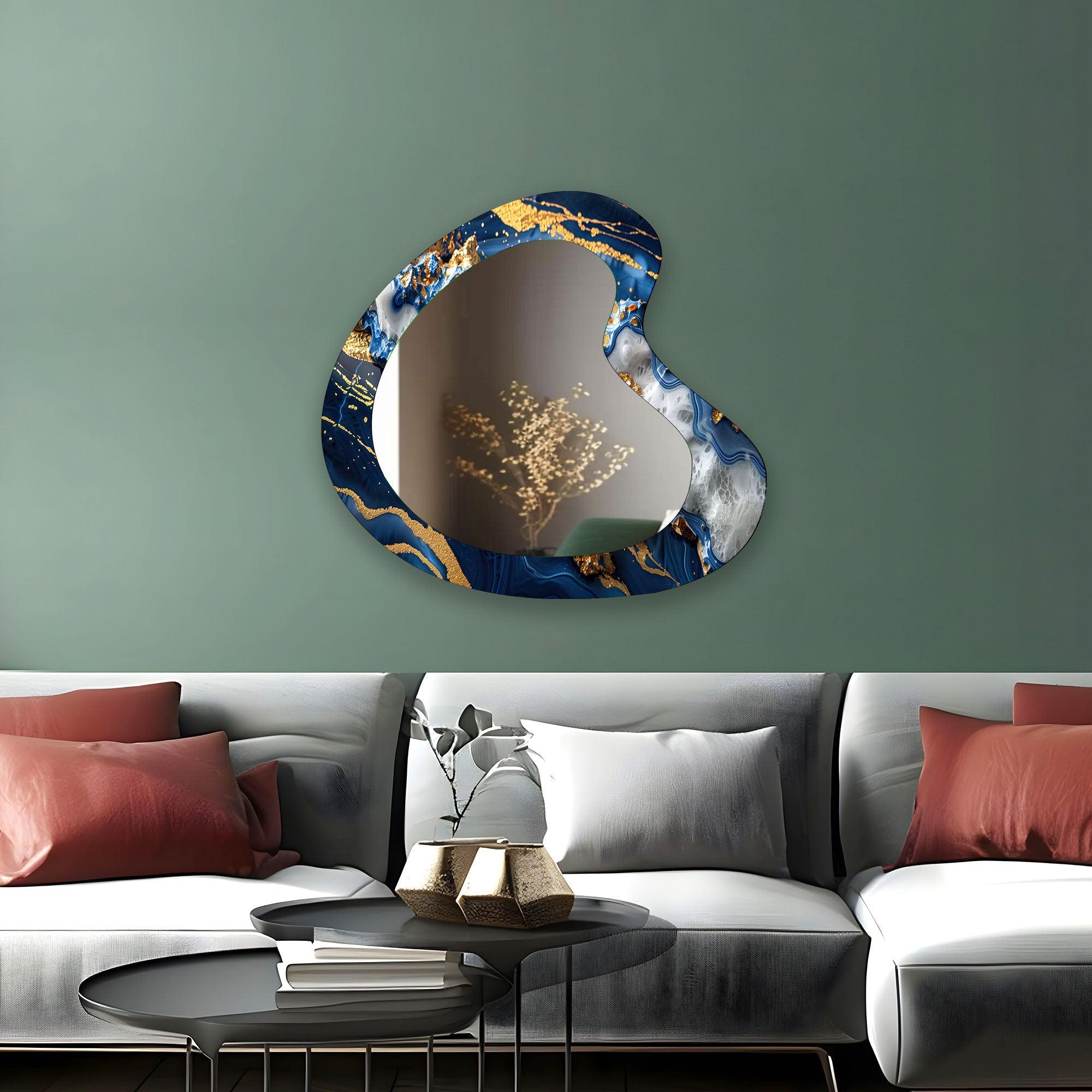 Blue & Gold Marble Irregular Wall Mirror - Modern Decorative Mirror for Living Room, Bedroom, Entryway | Unique Home Decor Accent Piece