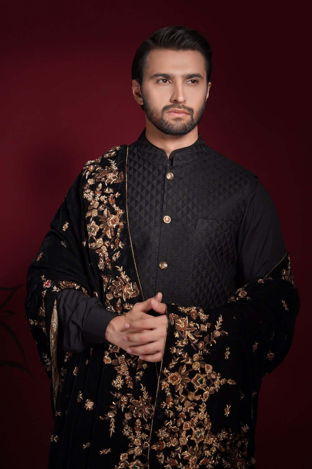 Jet Black Diamond Classic Signature Waistcoat Shawl Set for Men - Elegant Formal Wear for Weddings, Parties & Special Occasions