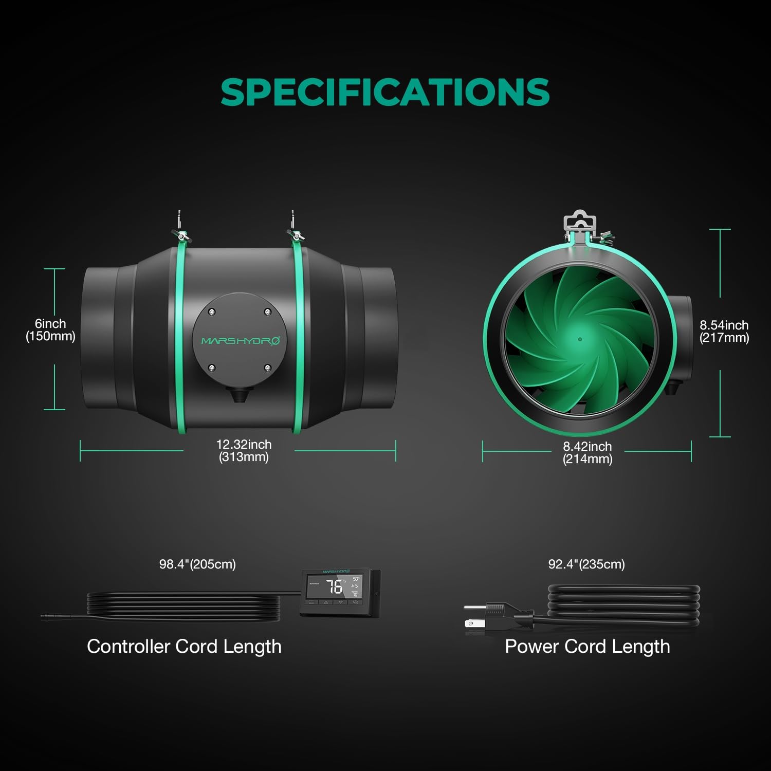 Mars Hydro 6 Inch Inline Duct Fan with Temperature Controller - High CFM Hydroponic Exhaust Fan for Grow Tents, Indoor Gardening & Ventilation Systems | Perfect for Grow Rooms, Greenhouses & Hydroponic Setups