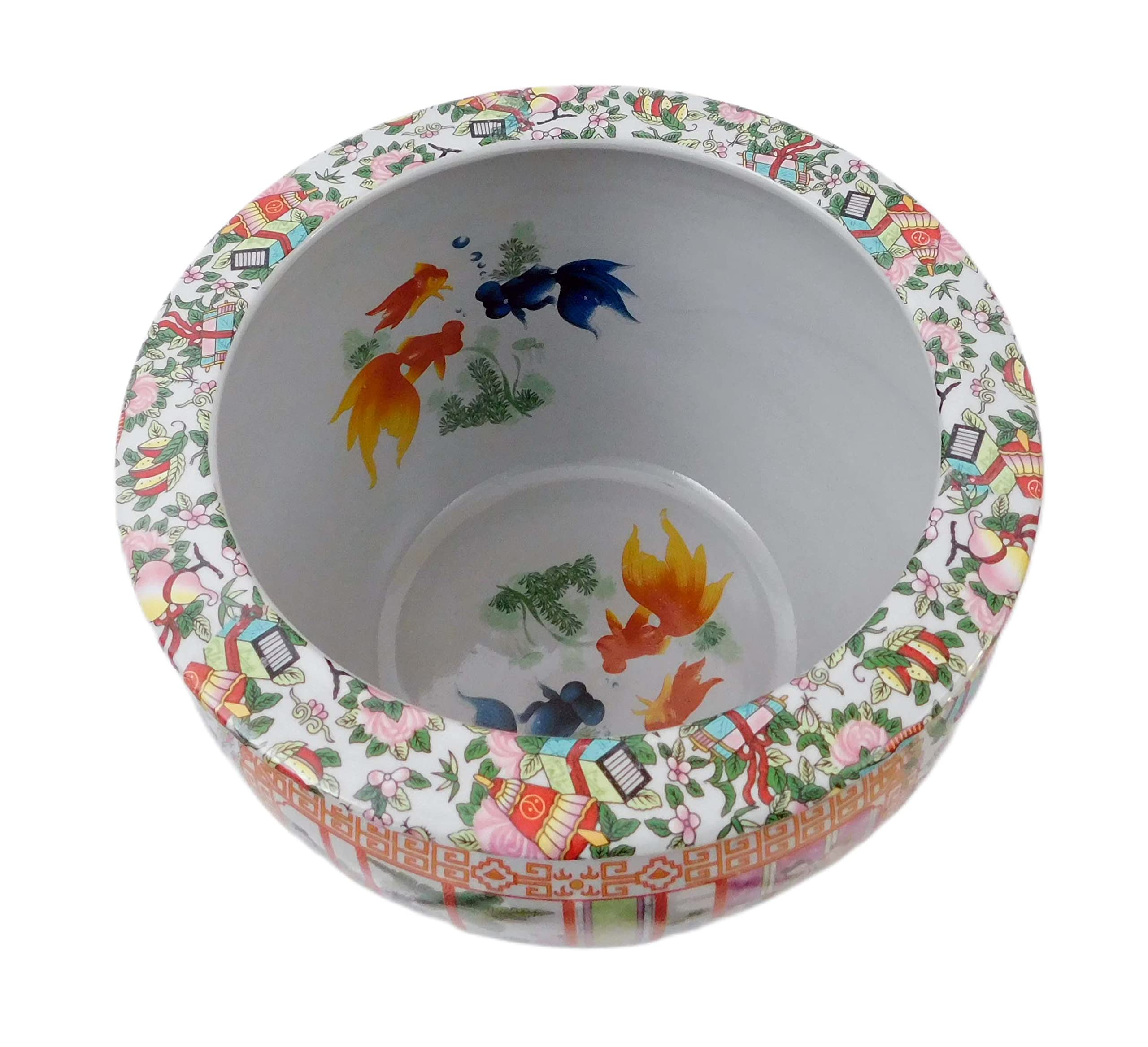 Antique Rose Medallion Porcelain Fish Bowl - 14 Inch Large Decorative Goldfish Bowl for Home & Office Decor | Perfect for Living Room, Dining Table, or Garden Water Feature