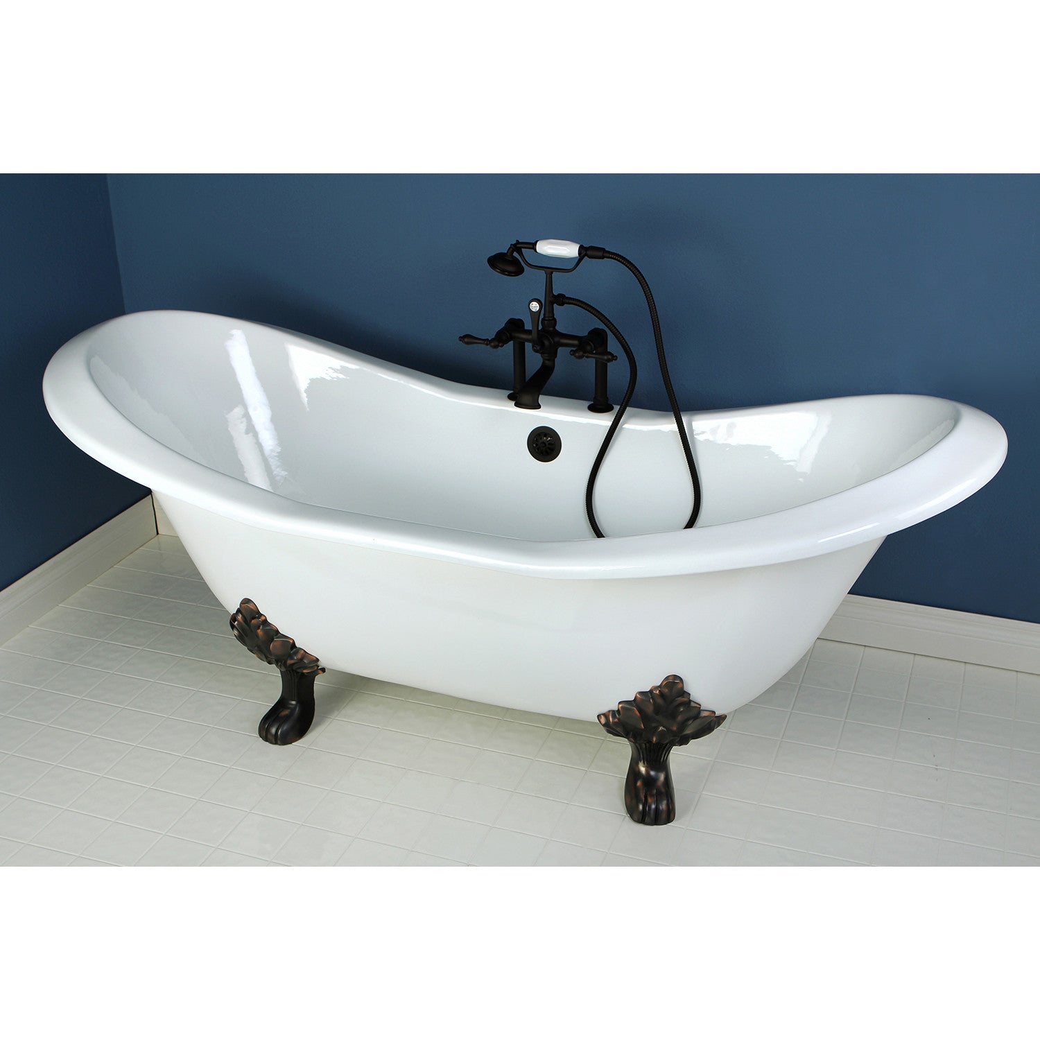Aqua Eden 72 Inch White Cast Iron Oval Double Slipper Clawfoot Bathtub with Oil Rubbed Bronze Finish - 7 Inch Faucet Drillings - Vintage Freestanding Tub for Luxurious Bathroom & Spa Retreat