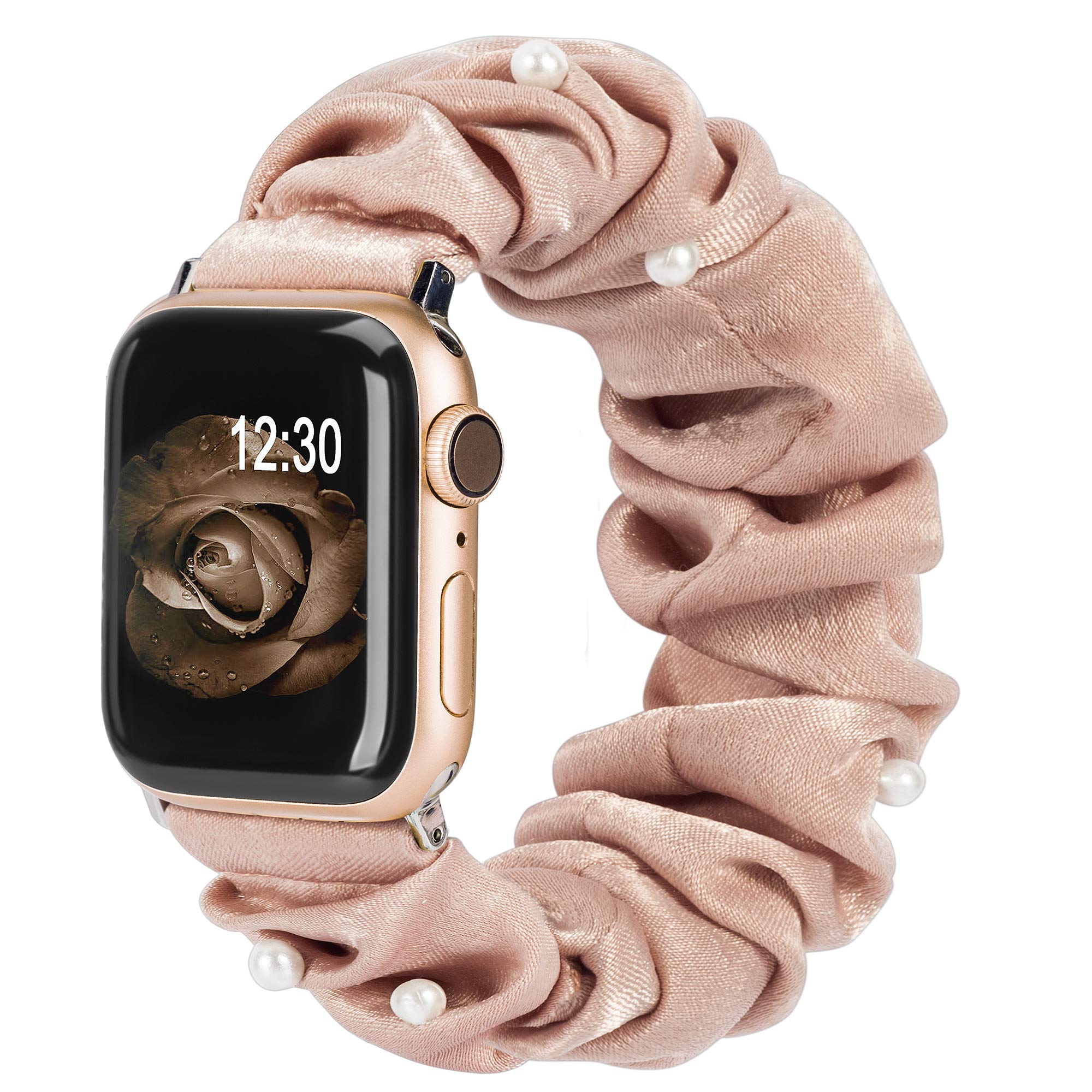 TOYOUTHS Apple Watch Band Scrunchies - Soft Cloth Solo Loop Bracelet for Women, Compatible with Apple Watch Series Ultra 49mm/45mm/44mm/42mm (SE, 8, 7, 6, 5, 4, 3, 2, 1) - Cute Pattern Printed Elastic Scrunchy Band in Rose Gold - Perfect for Workouts, Yoga & Everyday Wear (M/L Size)