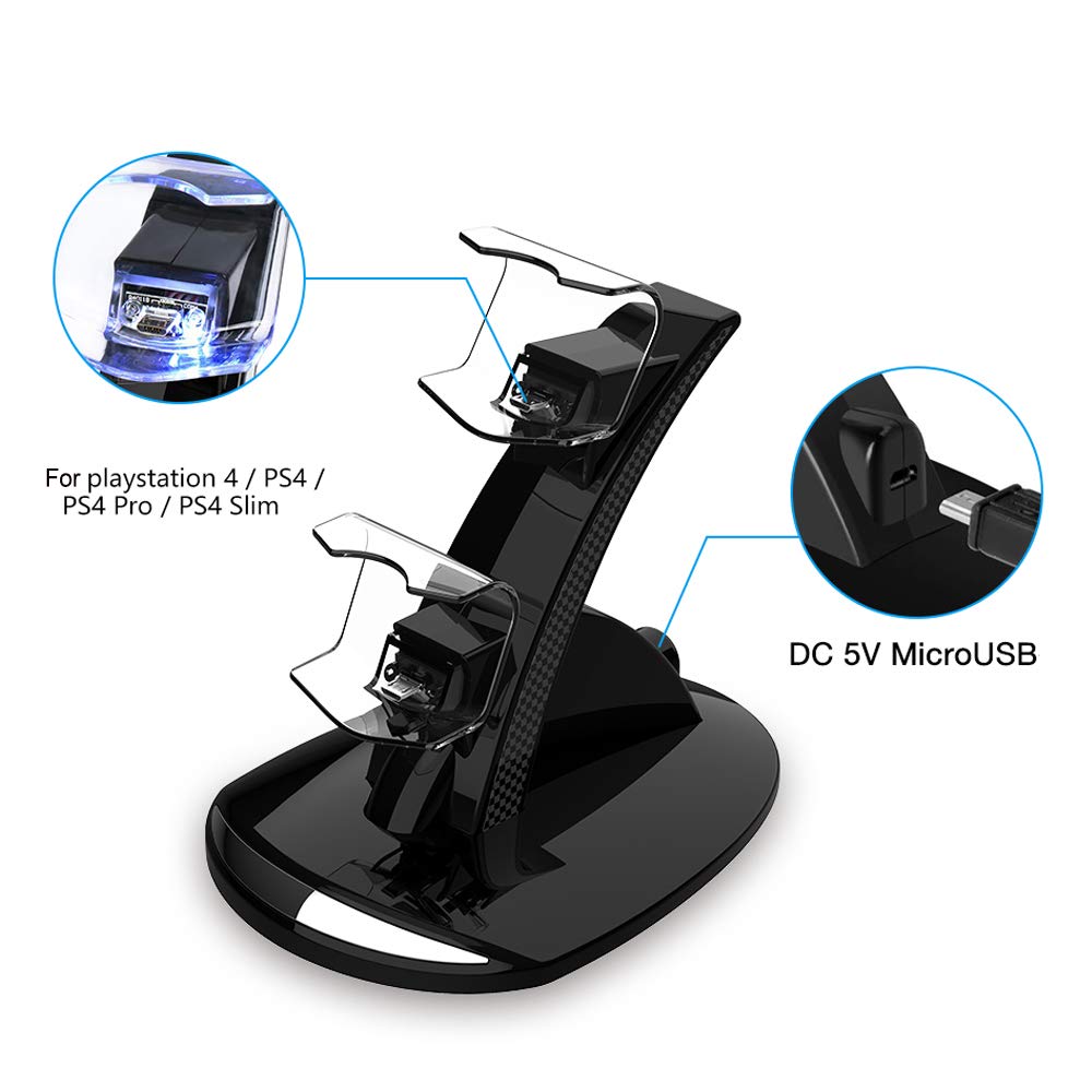 VSEER Dual USB PS4 Controller Charging Station - Fast Charging Dock for Sony PS4/PS4 Pro/PS4 Slim Controllers - Black - Perfect for Gaming Sessions & Multiplayer Setups