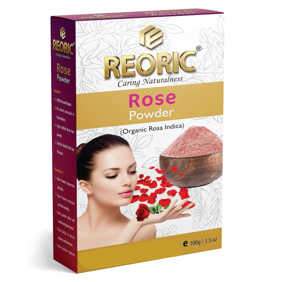 Reoric Rose Petal Powder | 100% Pure Rosa Centifolia | Natural Skin Whitening & Brightening Face Pack | Organic Gulab for Glowing Skin Care | Vegan, Chemical-Free (100g) | Perfect for DIY Face Masks & Spa Treatments