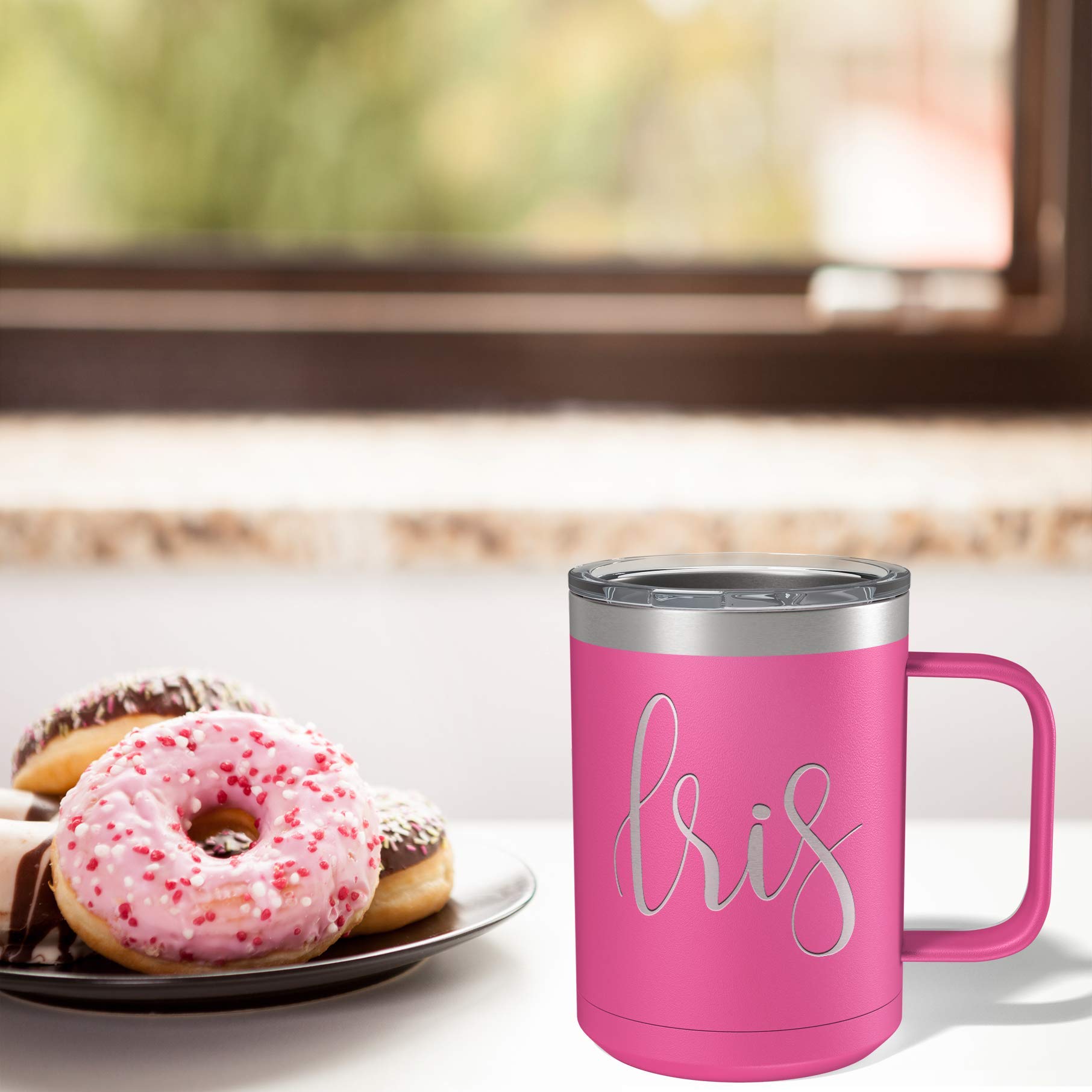 Personalized Pink Matte Finish 15 oz Stainless Steel Vacuum Insulated Coffee Mug with Handle - Custom Engraved Gift for Her, Perfect for Office, Home & Travel Use