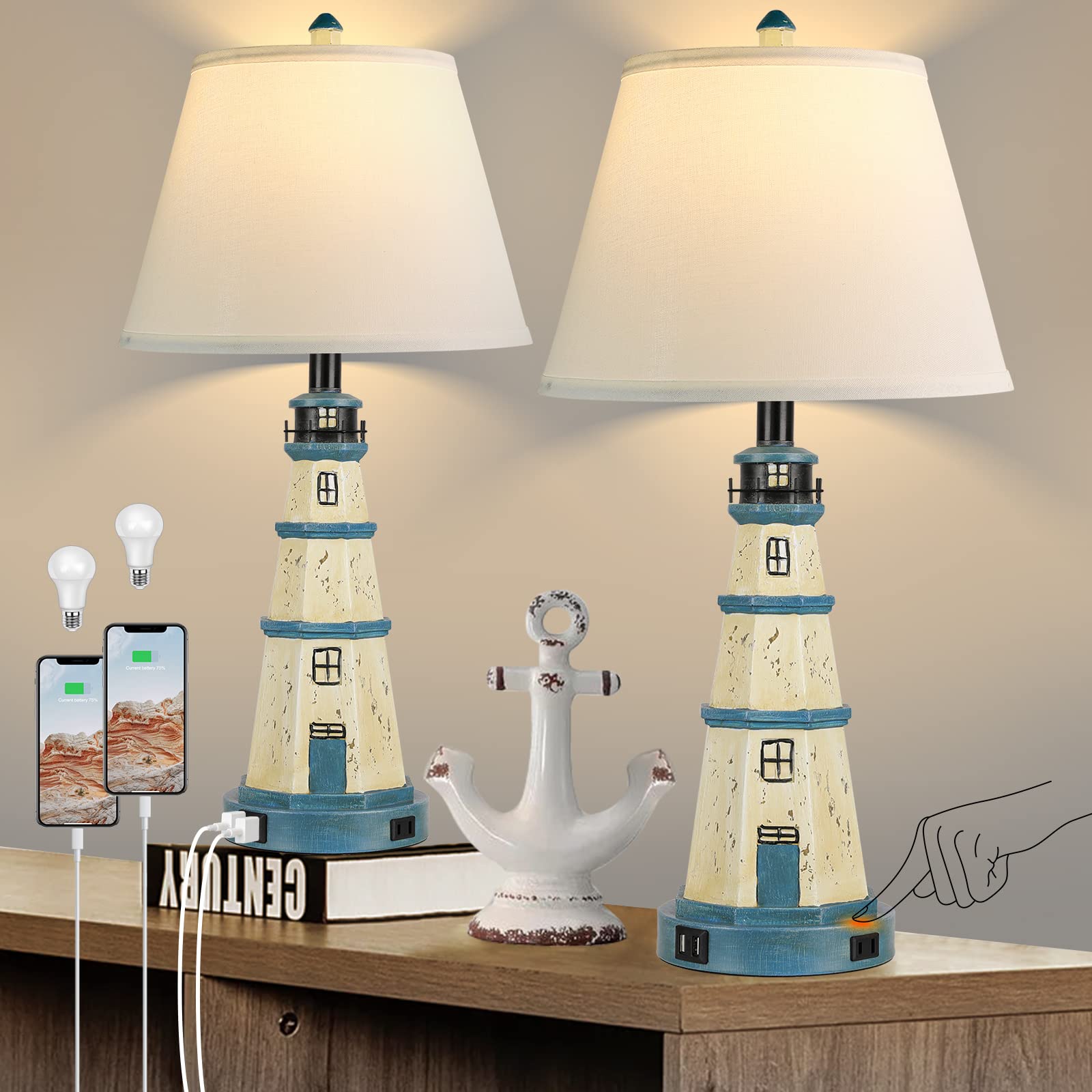 Modern White & Blue Touch Control Table Lamps Set of 2 - 3-Way Dimmable Bedside Lamps with Dual USB Charging Ports (Bulbs Included) for Living Room, Bedroom & Nightstand | Perfect for Reading, Relaxing & Charging Devices