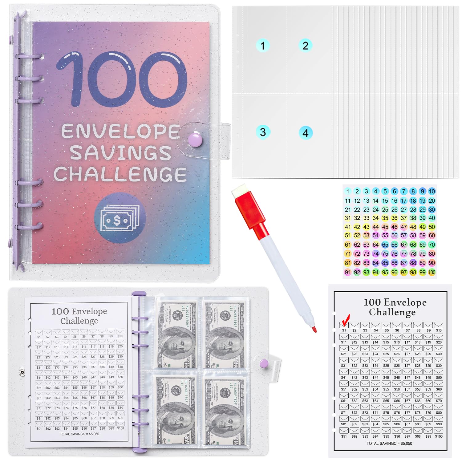 100 Envelopes Money Saving Challenge Binder - Budget Organizer with Cash Envelopes, Pen & Expense Sheets - Save $5,050 Easily (Purple) - Perfect for Personal Finance, Cash Budgeting & Debt Payoff Planning