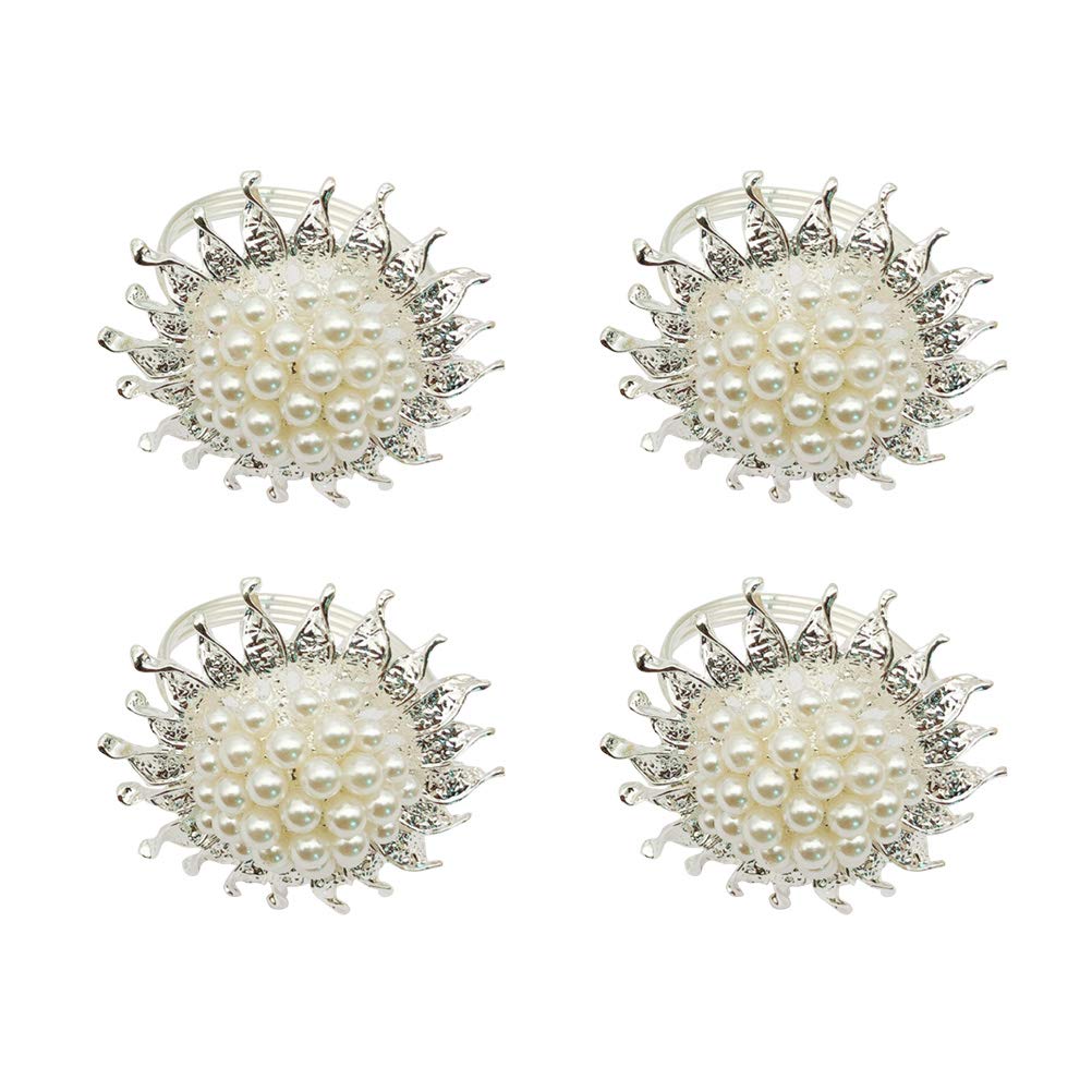 DOITOOL 4-Pack Silver Pearl Sunflower Napkin Rings - Elegant Tableware for Wedding Banquets, Dinner Parties & Home Decor - Decorative Napkin Holders for Formal Dining & Special Occasions