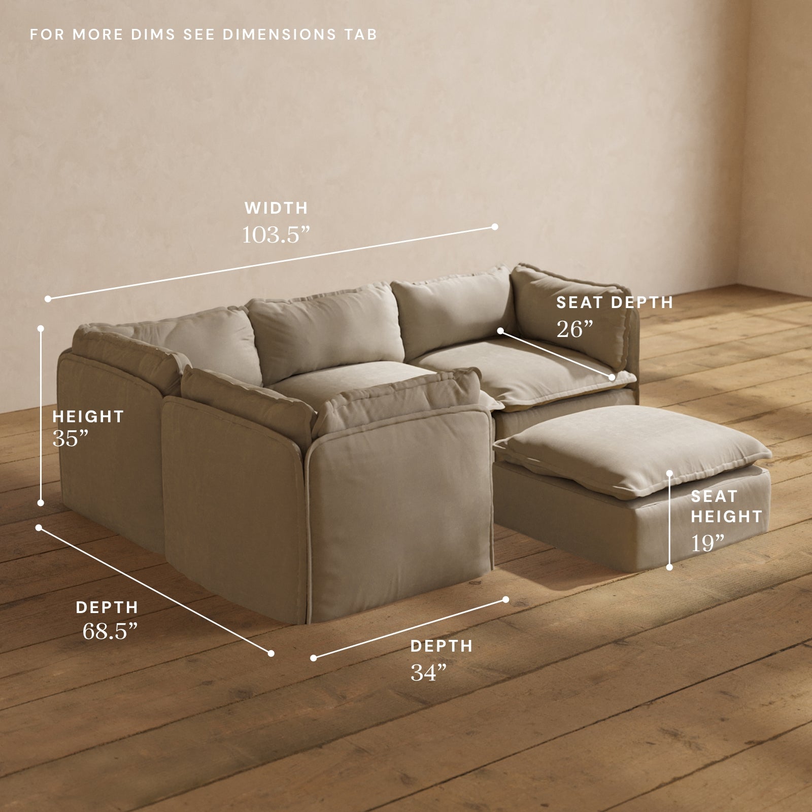 Modular Performance 4-Seater Corner Sectional Sofa with Ottoman in Dune Fabric | Relaxed Blend L-Shaped Couch for Living Room, Family Room & Lounge Areas