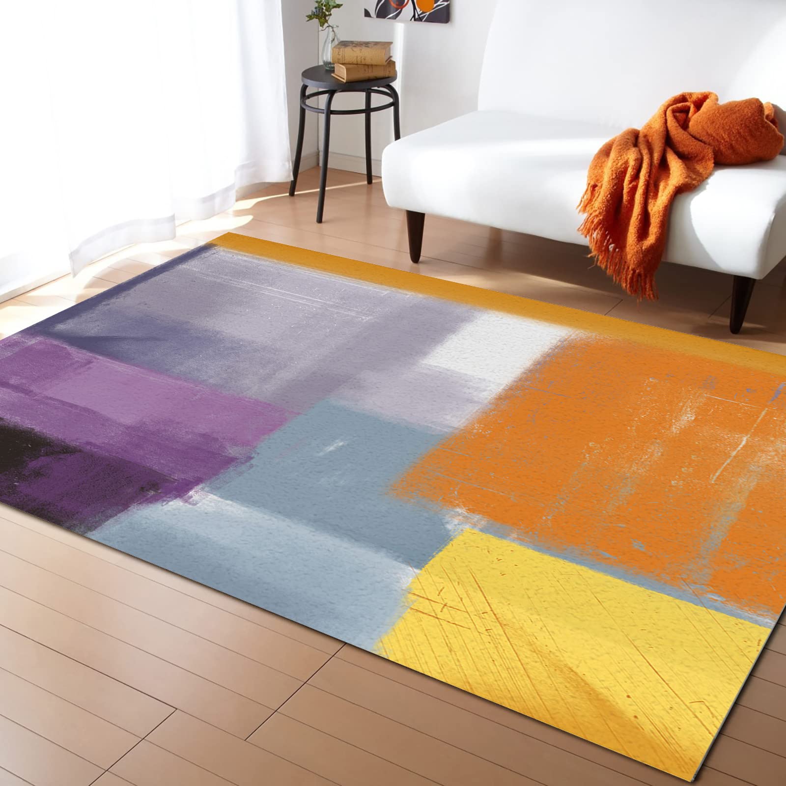 Modern Abstract Geometric Purple Grey Area Rug 5'x8' - Indoor Outdoor Washable Runner Carpet for Kitchen, Living Room, Bedroom, Bathroom, Classroom & Laundry Room - Non-Slip Welcome Floor Mat for Home Decor & High Traffic Areas