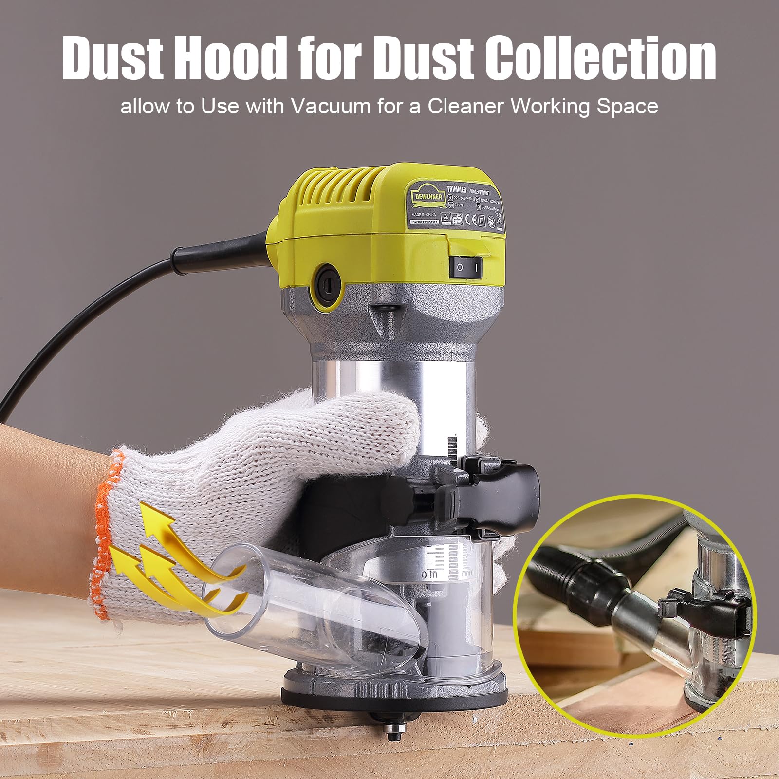 DEWINNER 710W Electric Wood Router Tool, 13000-33000 RPM Variable Speed with 6 Adjustments - Includes 3 Clamps & 5 Router Bits for Woodworking, DIY Projects, Cabinet Making, and Furniture Crafting