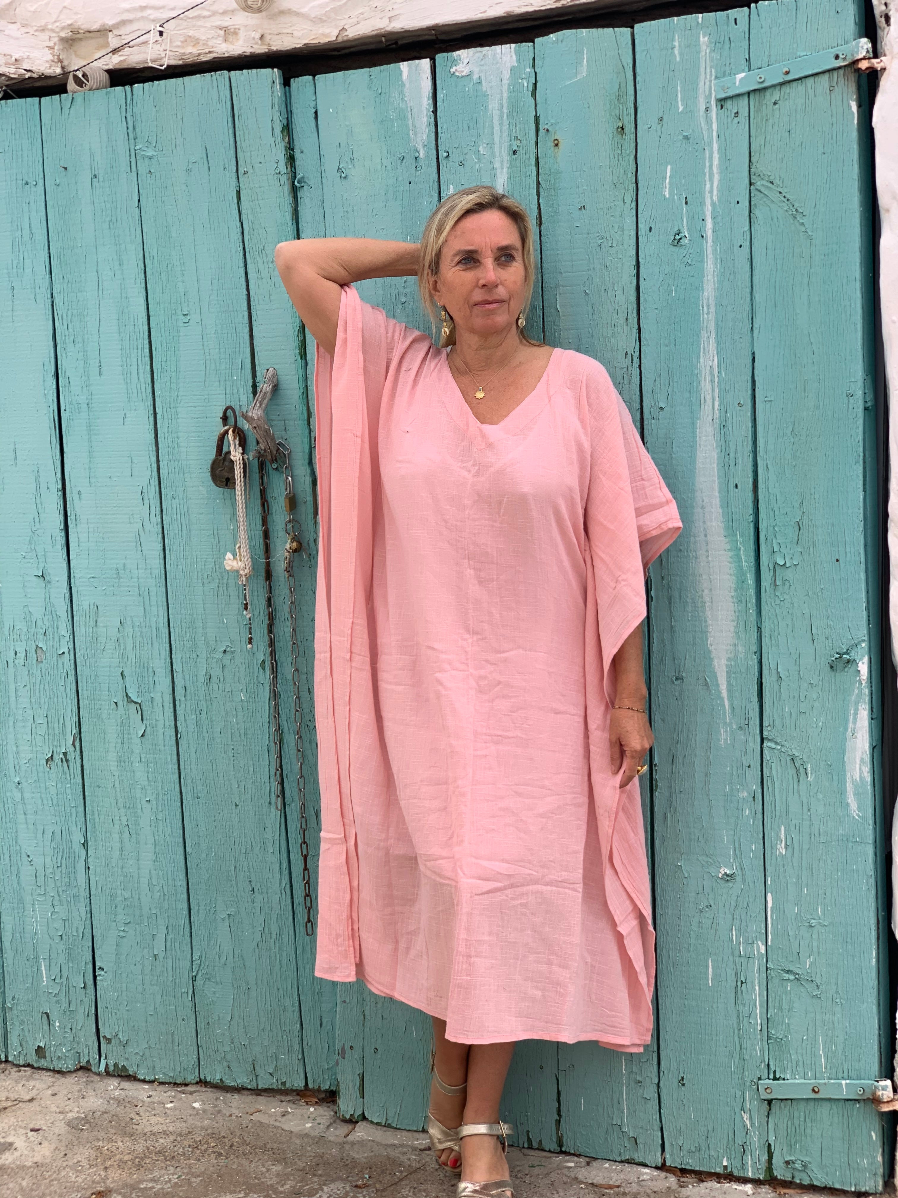 Elegant Linen Kaftan Dress in Rosa - Perfect for Beach, Vacation & Summer Outfits