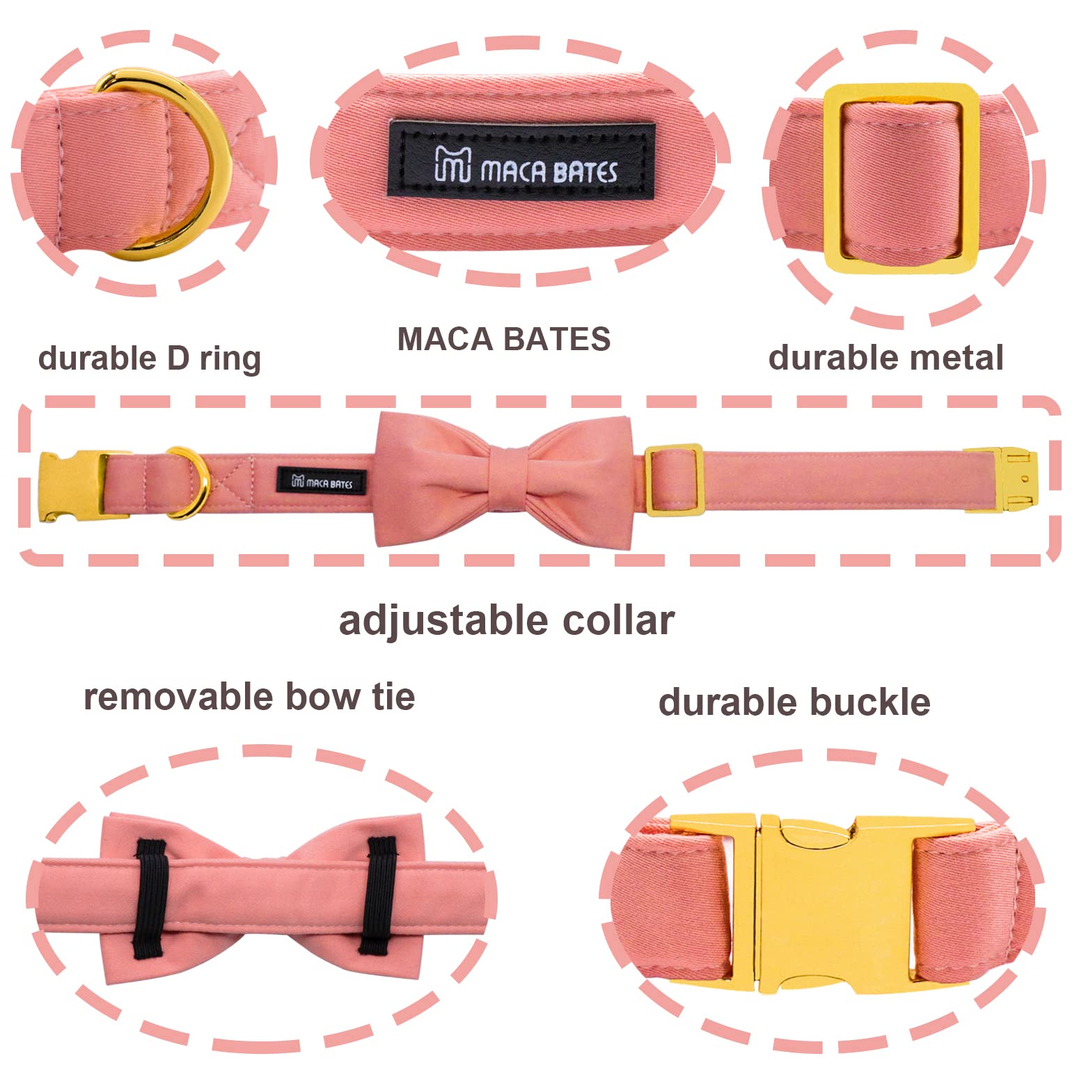 **Maca Bates Adjustable Breakaway Dog Collar with Bow Tie - Pink Solid Color Pet Collar with Golden Metal Buckle for Small, Medium, Large & XL Dogs - Perfect for Birthdays, Parties & Daily Walks**