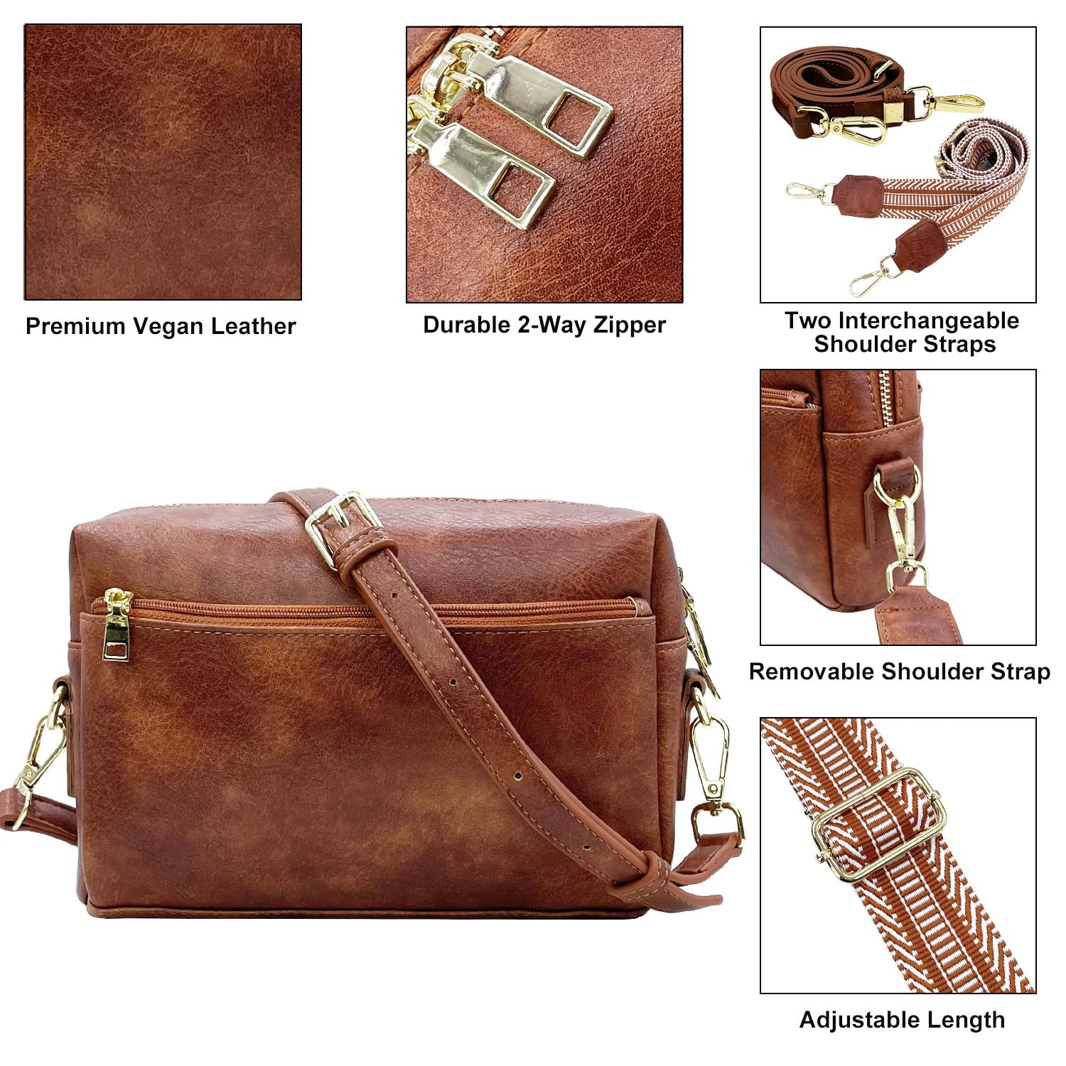 Women's Vegan Leather Crossbody Bag with Triple Zip & Adjustable Straps - Perfect for Travel & Daily Use