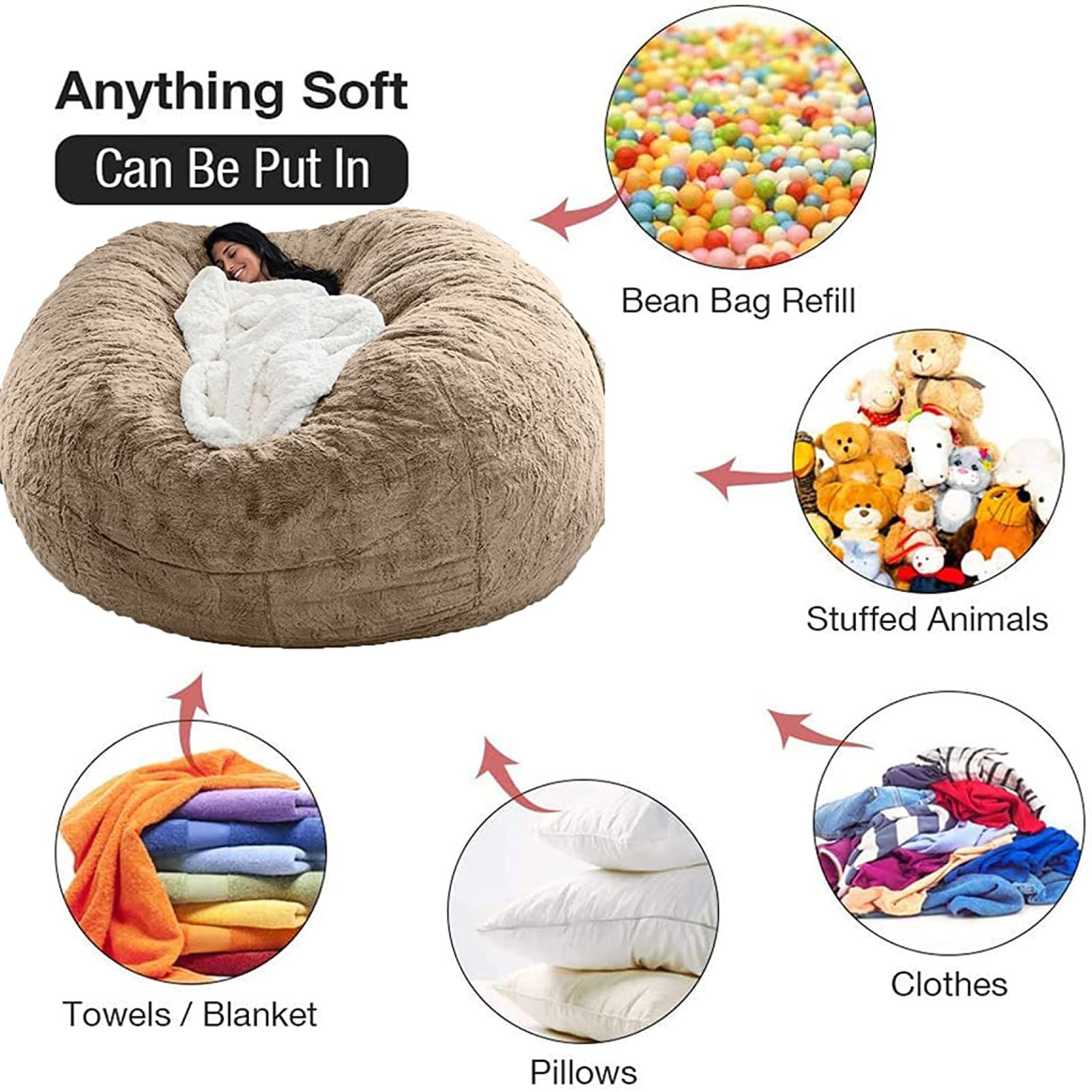 5/6/7ft Giant Fluffy Bean Bag Chair Cover - Soft Plush Washable Beanbag Cover for Adults (No Filler Included) - Cozy Living Room Furniture, Lazy Sofa Bed, Gaming Chair & Lounge Decor