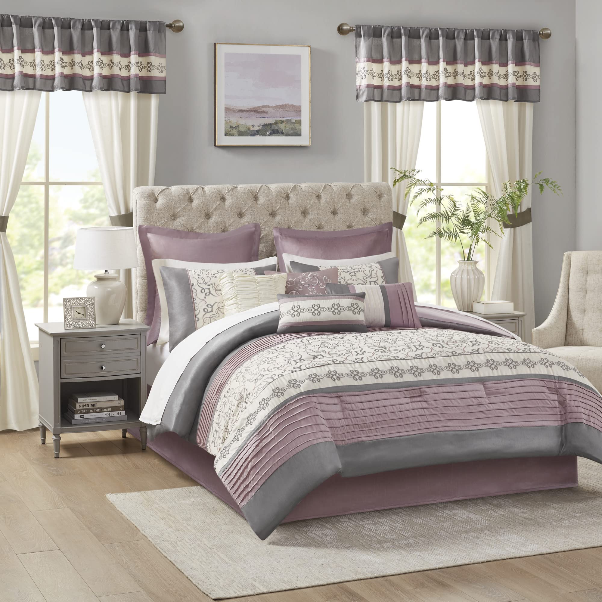 Madison Park Essentials Jelena Room in A Bag - Faux Silk Comforter Set with Matching Bedskirt, Curtains & Decorative Pillows | King Size 104x92 Inch | All Season Down Alternative Bedding in Purple | 24 Piece Luxury Bedroom Set for Master Suite or Guest Room Decor