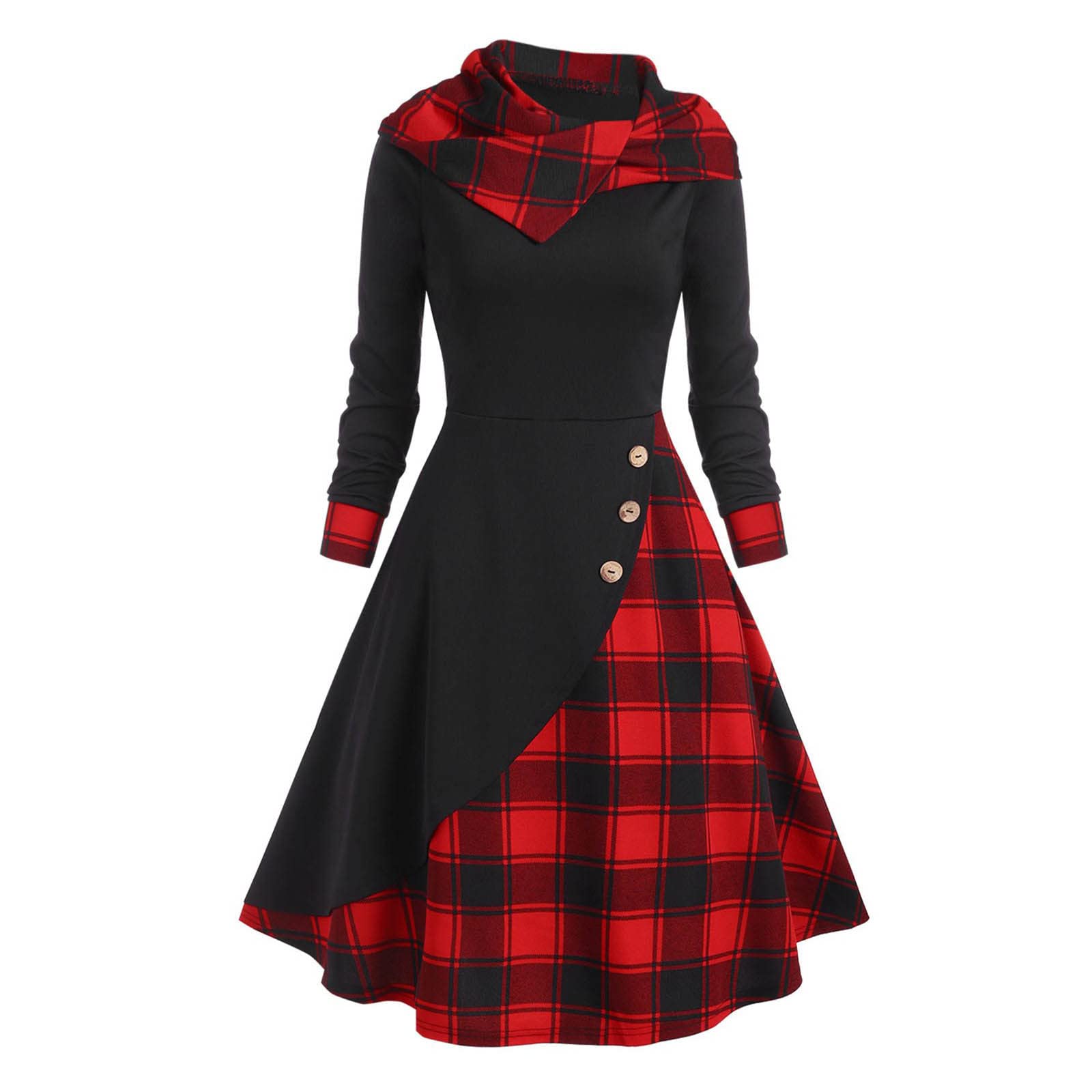 Gothic Vintage Plaid Panel Hooded Button Dress for Women - Long Sleeve Retro Dark Midi Fall Dress | Perfect for Halloween, Parties & Autumn Outfits