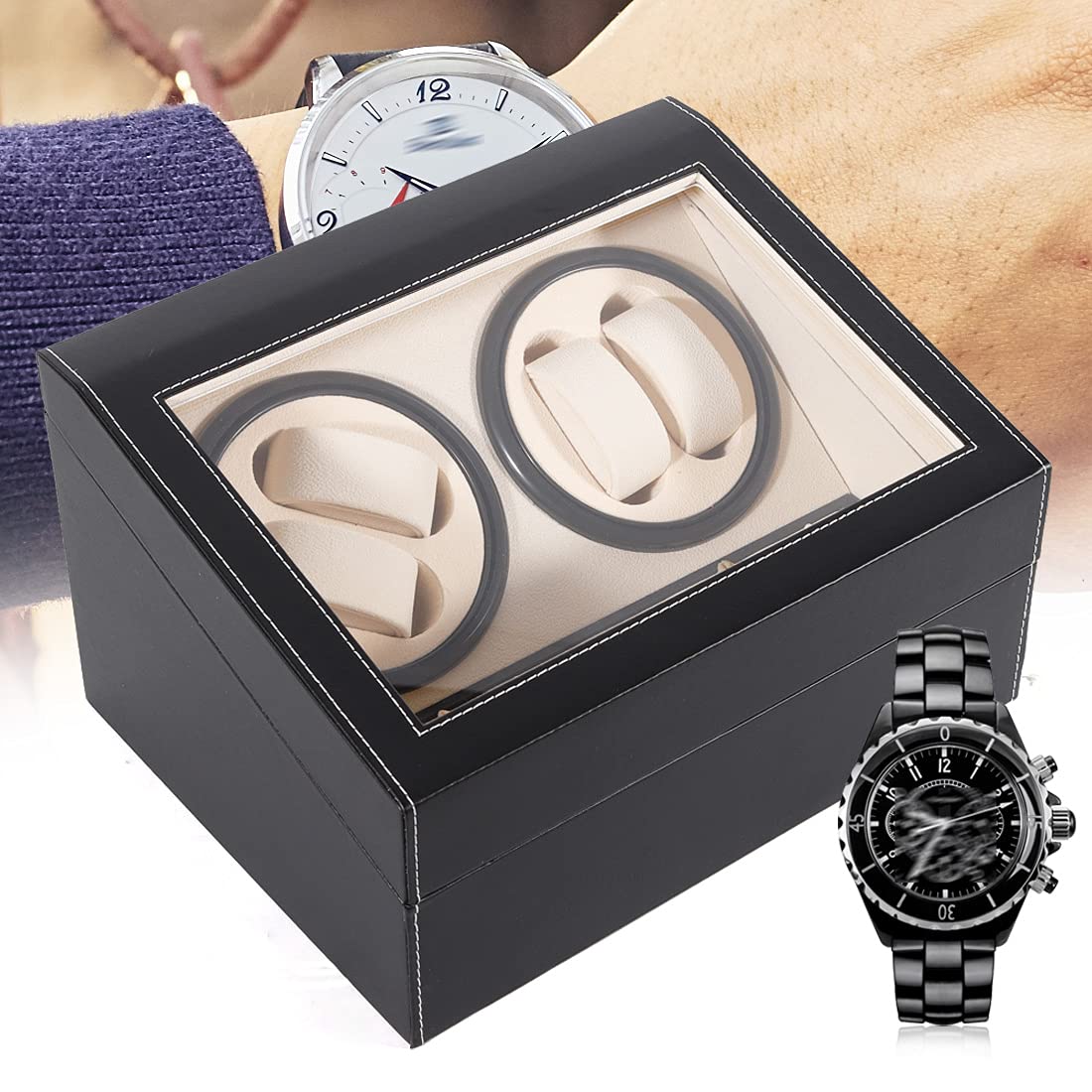 Premium 4+6 Automatic Rotating Watch Winder Box - Genuine Leather & Wood Watch Storage Display Case for Men (Black) - Perfect for Luxury Watch Collection, Display & Protection at Home/Office