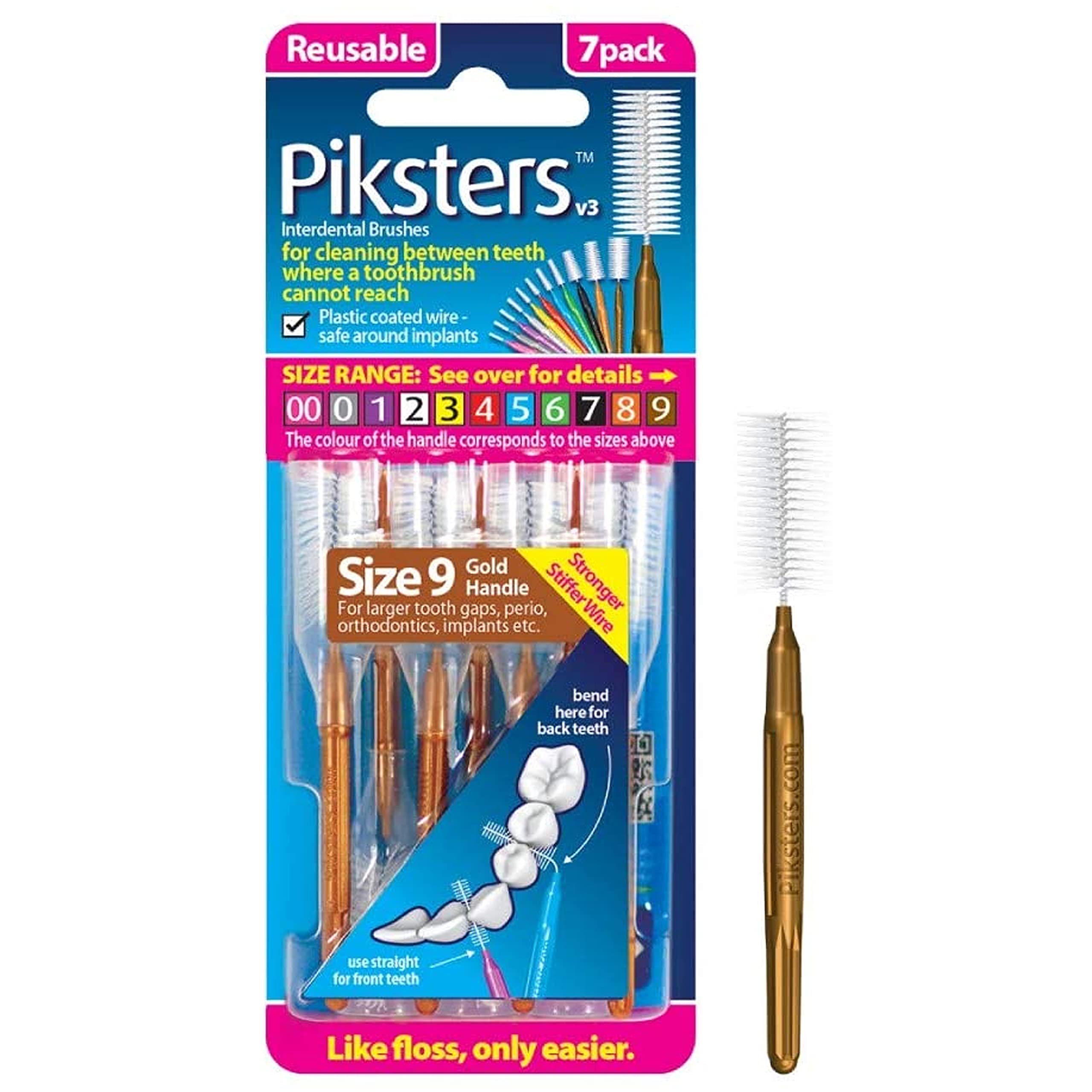 Piksters Interdental Brushes Size 9 Brown - 7 Pack for Teeth Cleaning, Flossing Alternative, Gum Care - Perfect for Travel, Home & Office Dental Hygiene