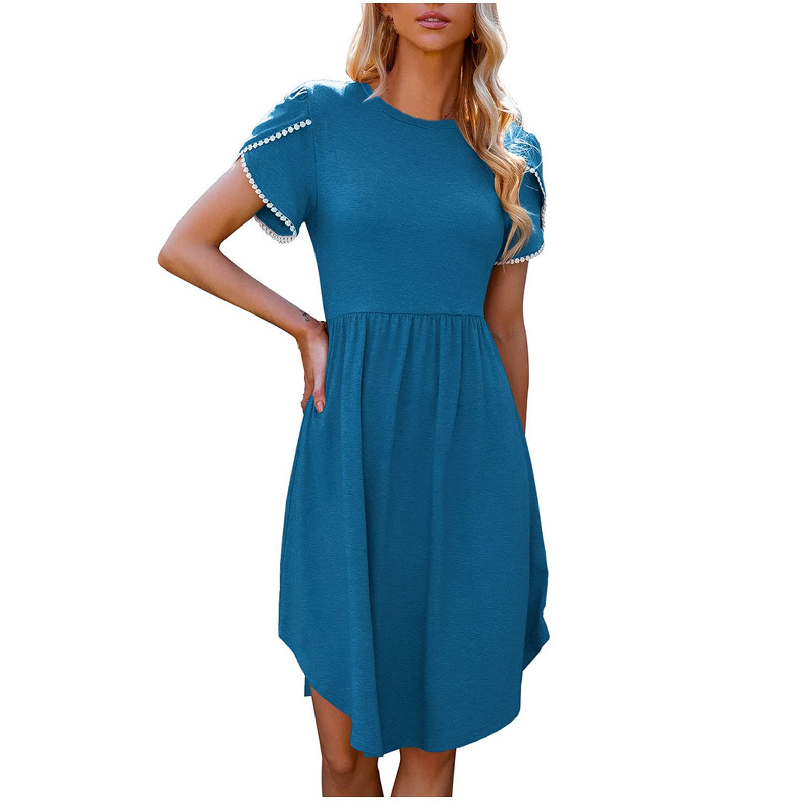 2023 Women's Summer T-Shirt Dress - Solid Color Petal Short Sleeve Empire Waist Midi Dress for Casual Wear, Beach Outings & Vacation