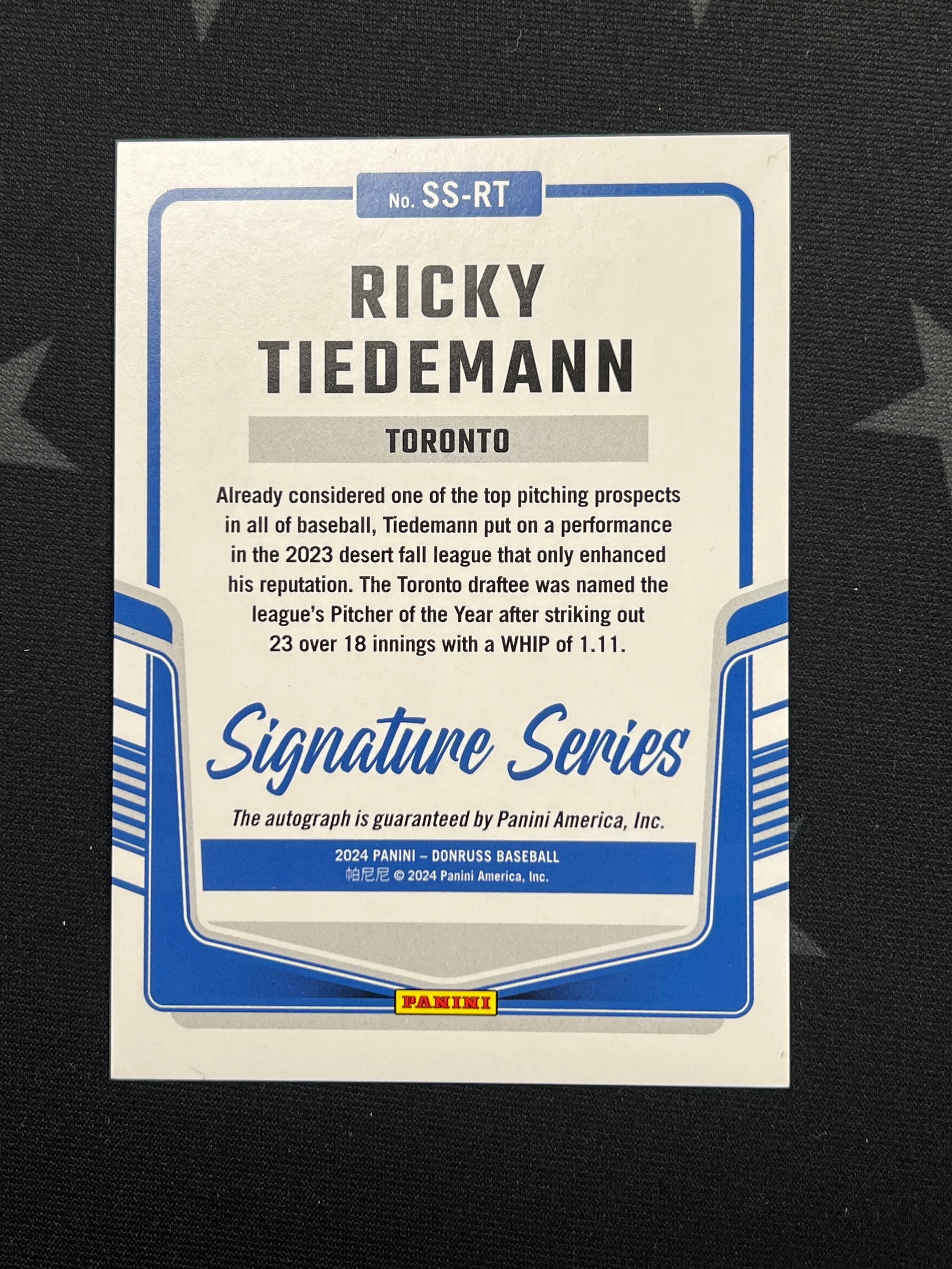 2024 Donruss Baseball Ricky Tiedemann Black 1/1 Autograph Card - Rare Signed Collectible for Sports Memorabilia Fans & Trading Card Enthusiasts - Perfect for Display, Investment or Gift Giving