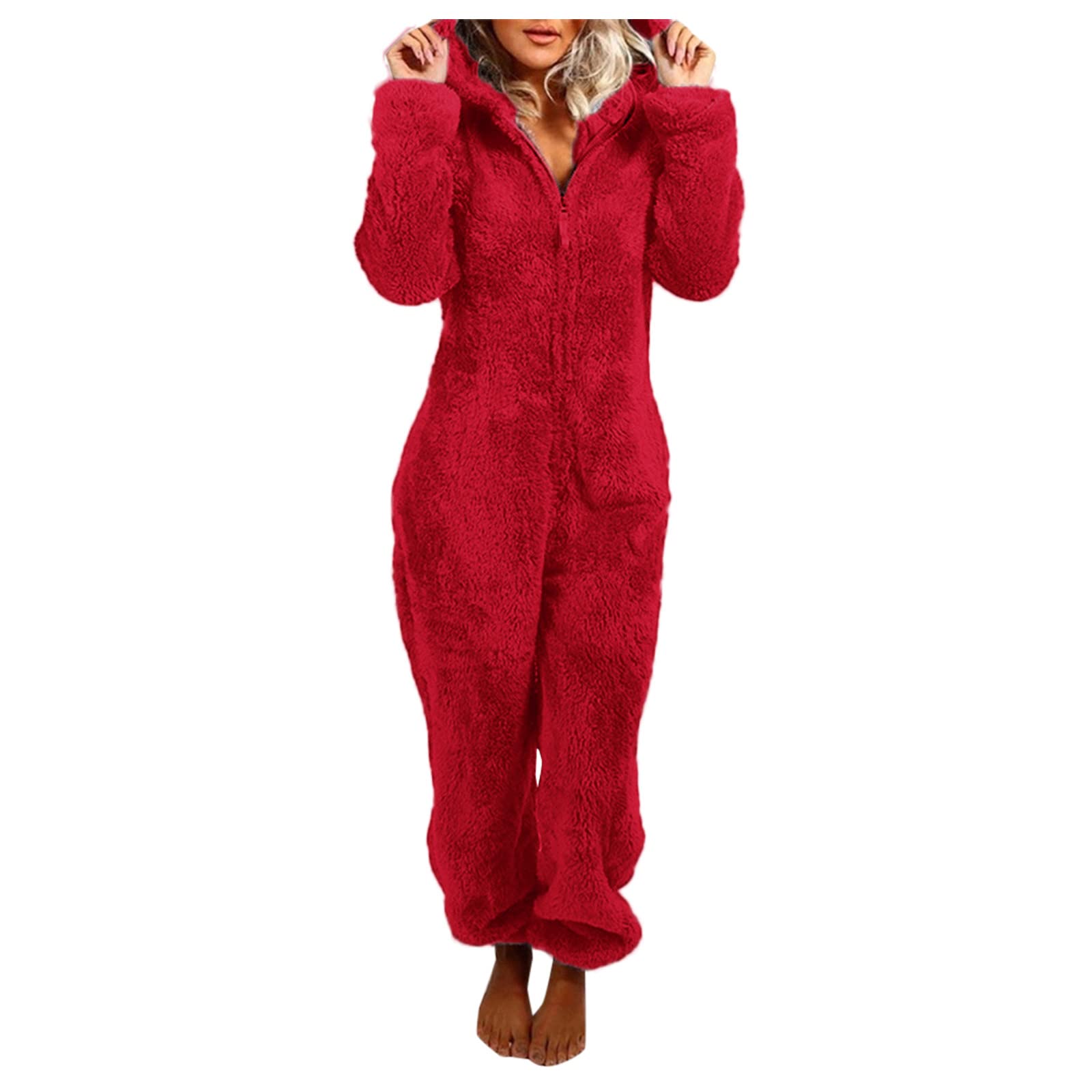 Women's Long Sleeve Hooded Jumpsuit Pajamas - Winter Warm Fleece Romper Sleepwear for Lounge, Home & Travel | Soft Comfortable Casual Outfit