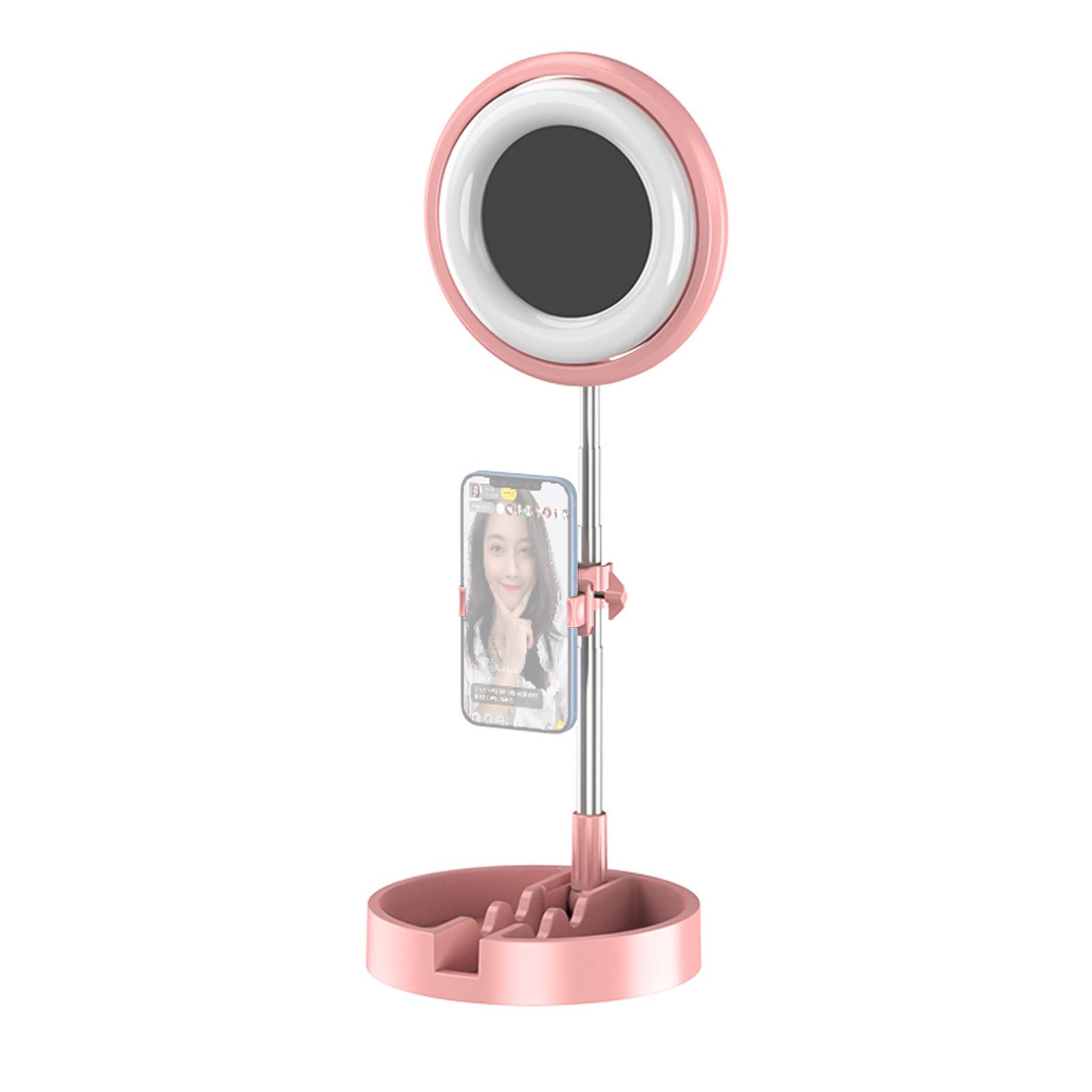 Fesjoy Foldable Selfie Ring Light with Phone Holder & Makeup Mirror - 3 Color Modes, 5 Brightness Levels, Portable Circle Lamp for Photography, Video Recording, Live Streaming, YouTube, TikTok & Vlogging